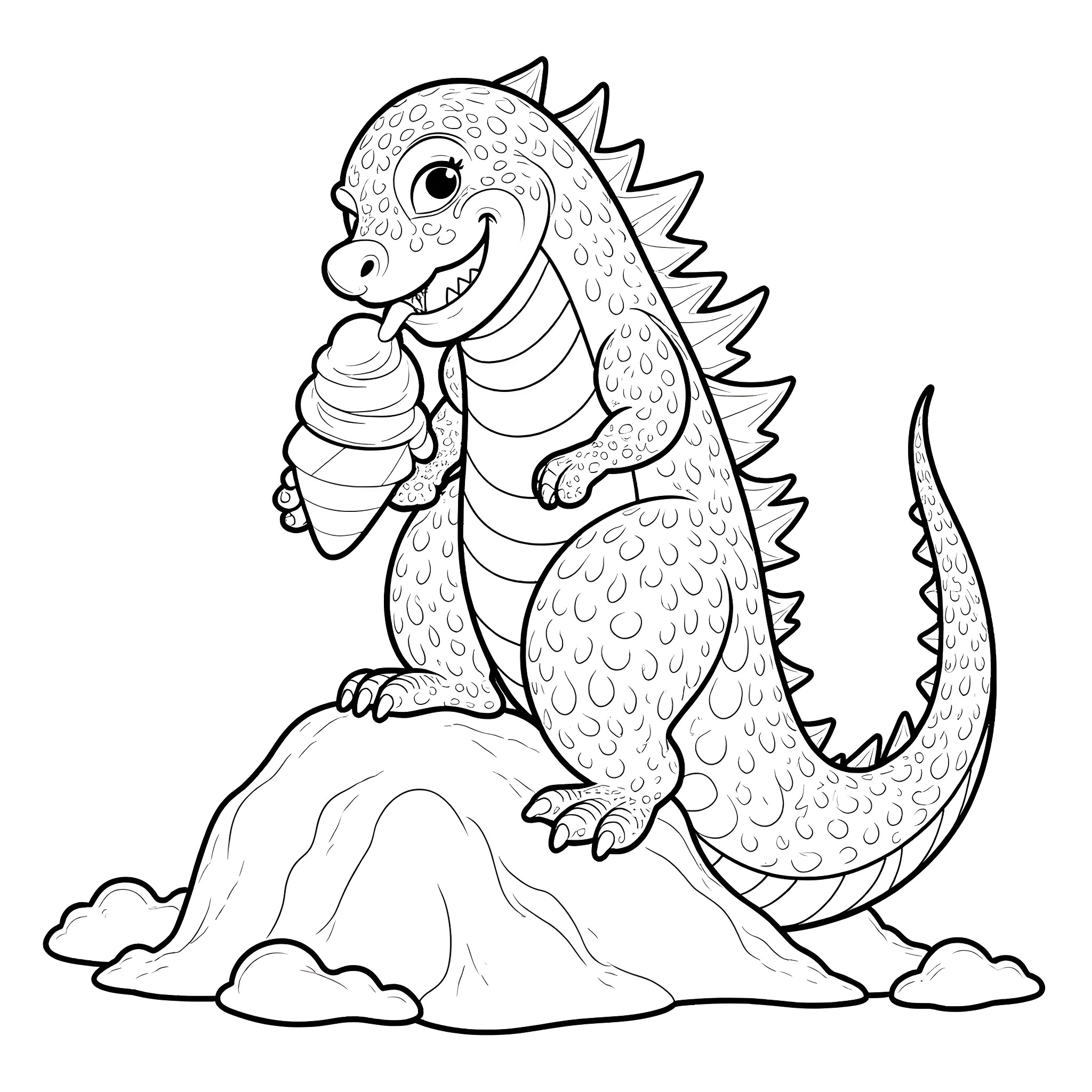 Godzilla Enjoying an Ice Cream Cone Coloring Page (free black-and-white line drawing printable PDF for all, from beginners to advanced learners, including children, teens, adults, and seniors)