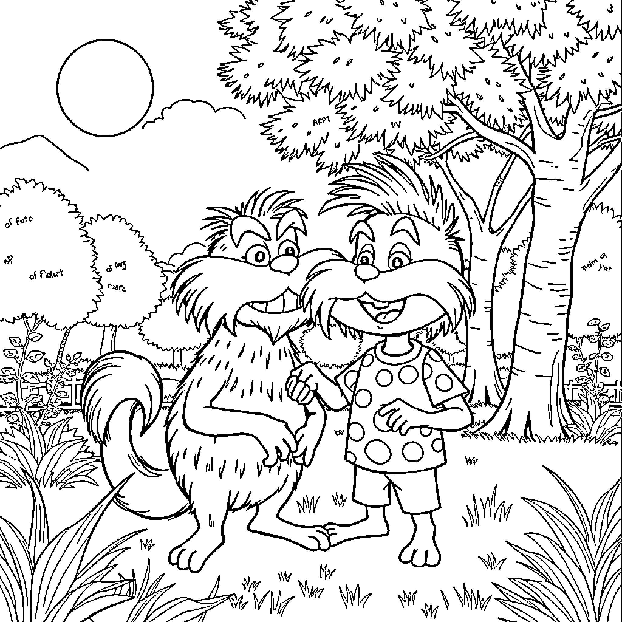 Kid Monsters Exploring the Magical Forest Coloring Page (free black-and-white line drawing printable PDF for all, from beginners to advanced learners, including children, teens, adults, and seniors)
