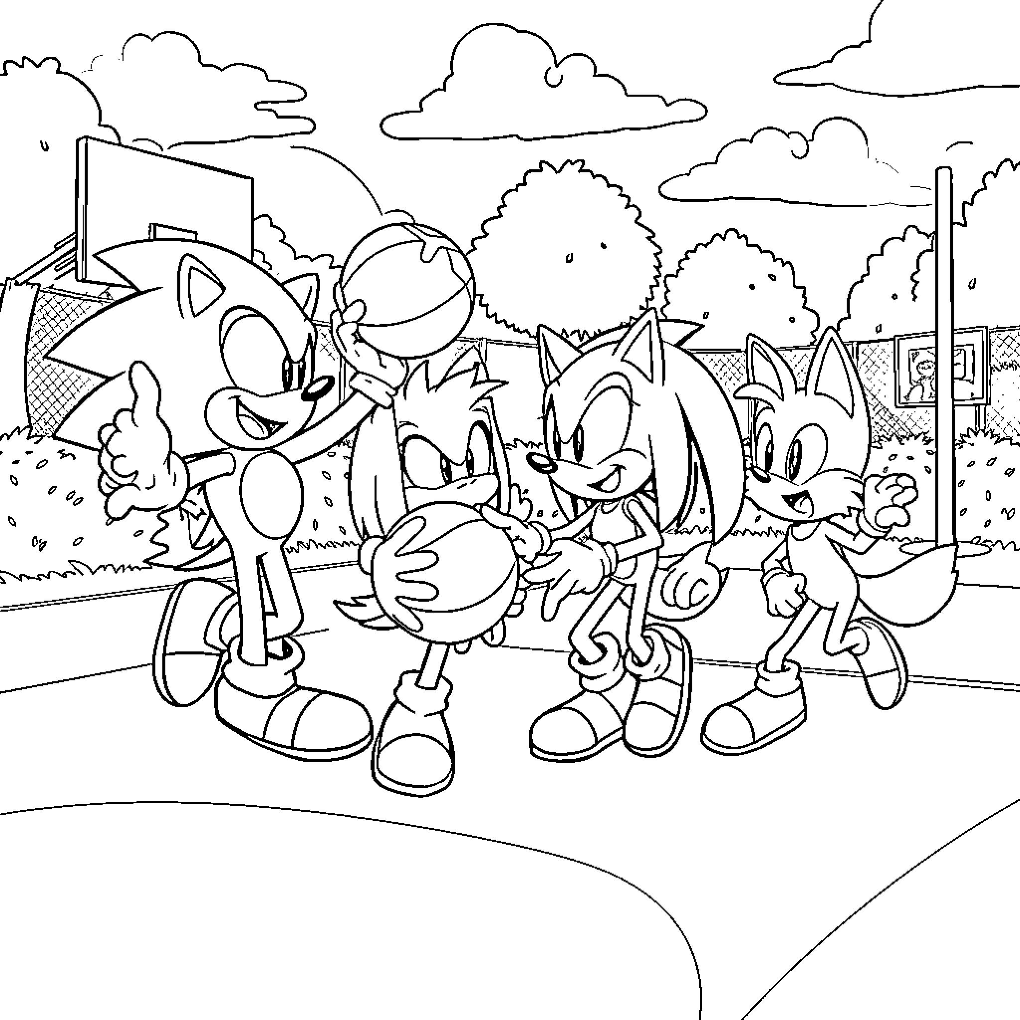 Sonic and friends enjoying a lively outdoor adventure Coloring Page (free black-and-white line drawing printable PDF for all, from beginners to advanced learners, including children, teens, adults, and seniors)