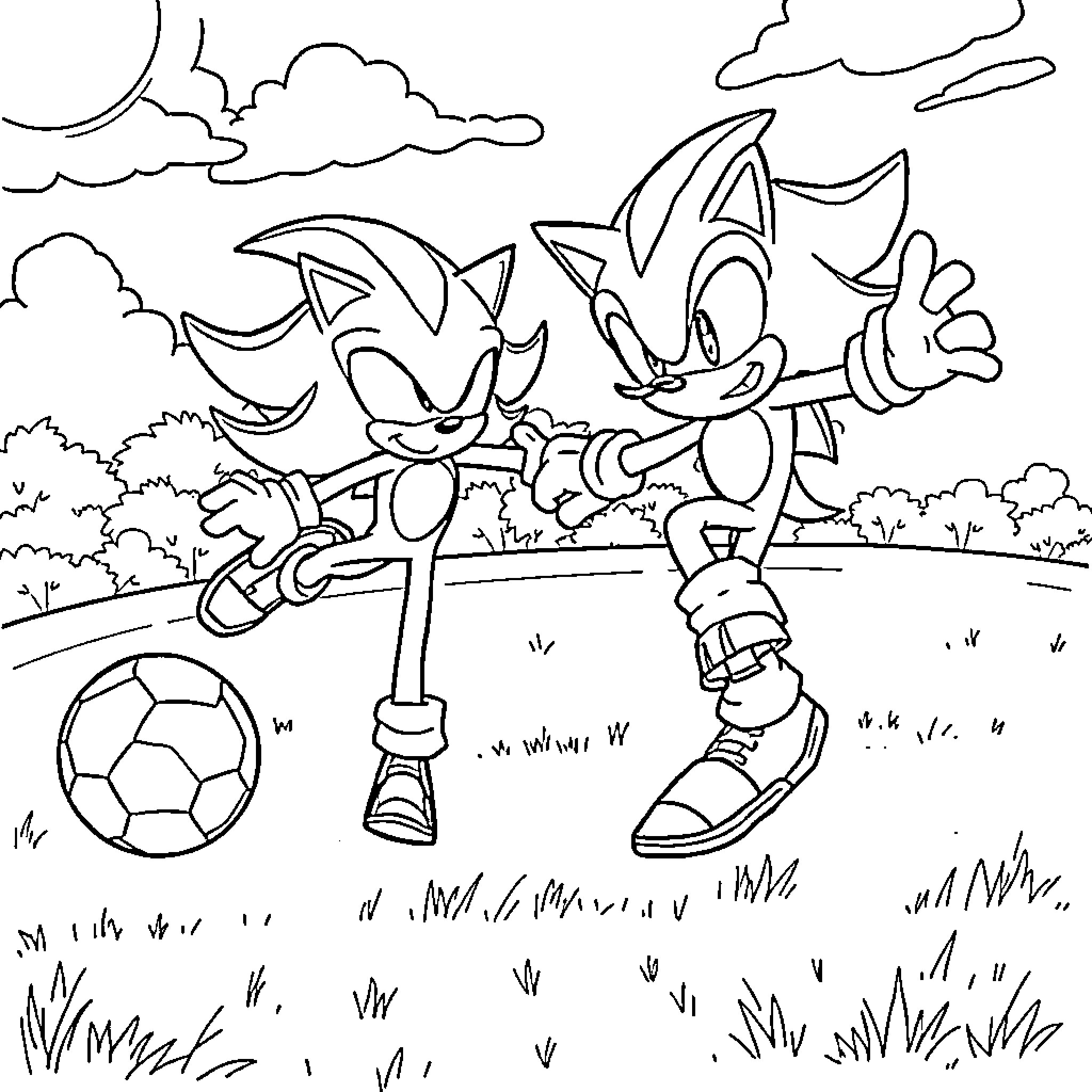 Sonic characters playing soccer in the park Coloring Page (free black-and-white line drawing printable PDF for all, from beginners to advanced learners, including children, teens, adults, and seniors)