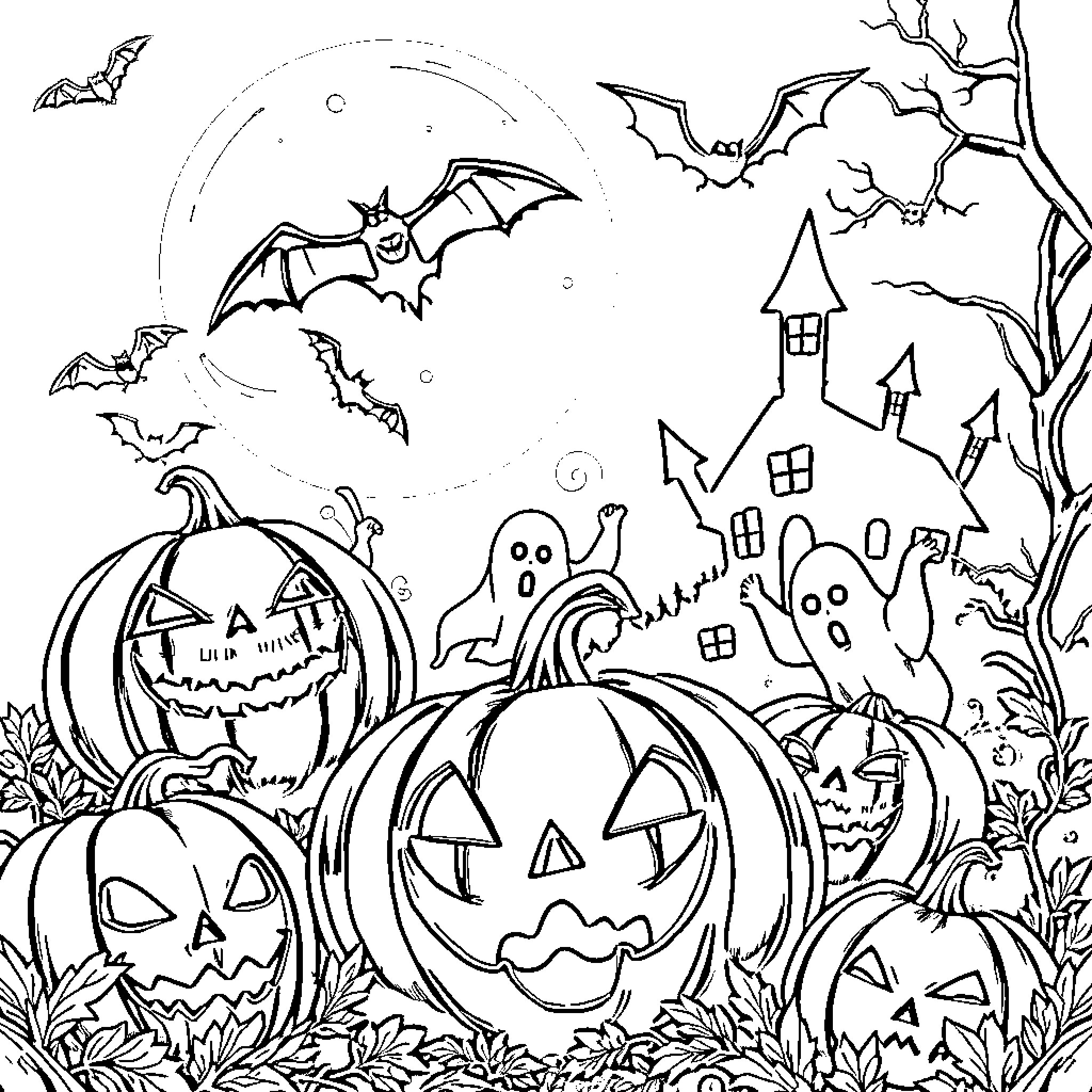 Halloween Pumpkins, Ghosts, and Bats in a Spooky Landscape Coloring Page (free black-and-white line drawing printable PDF for all, from beginners to advanced learners, including children, teens, adults, and seniors)