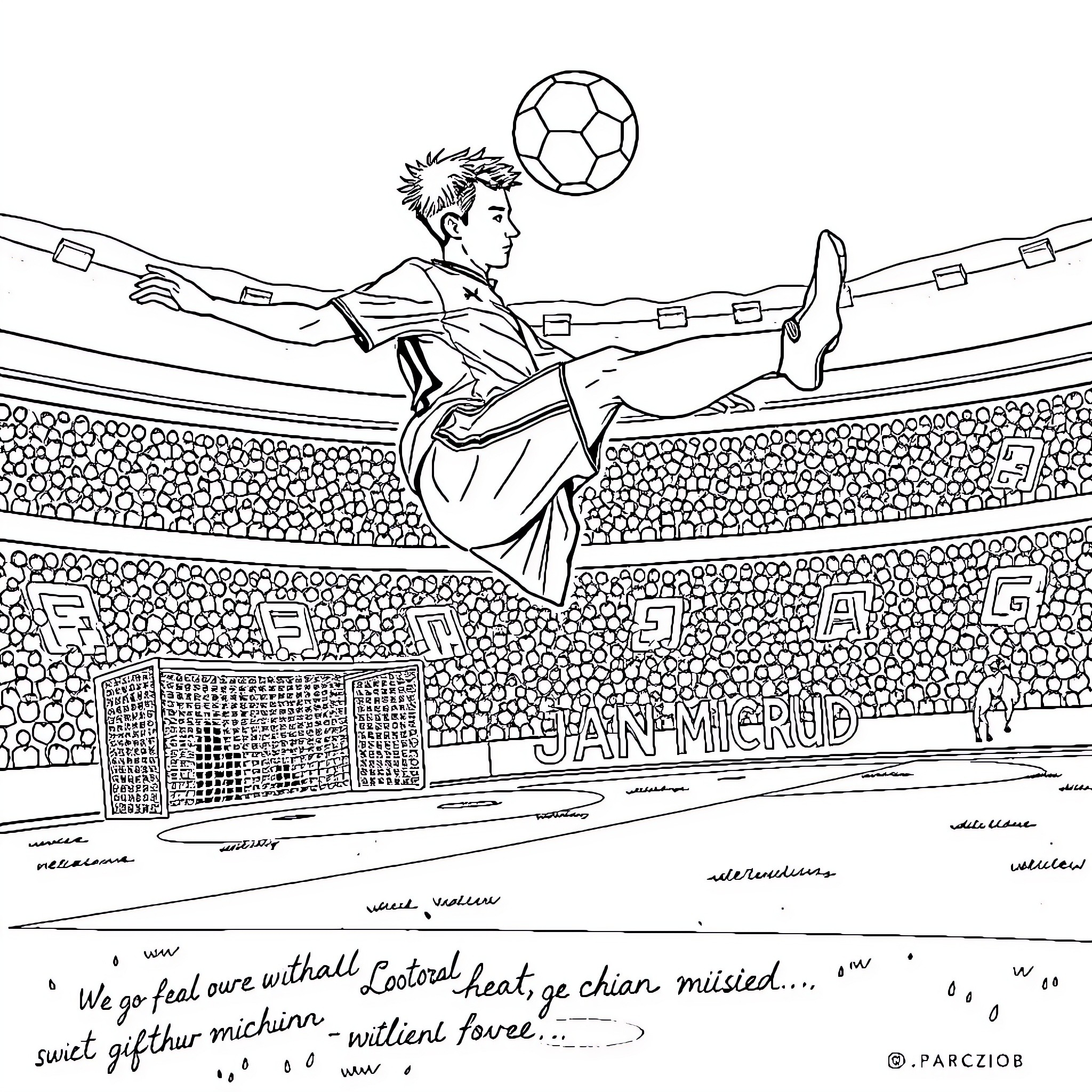 Johan Micoud performing soccer skills in a stadium Coloring Page (free black-and-white line drawing printable PDF for all, from beginners to advanced learners, including children, teens, adults, and seniors)