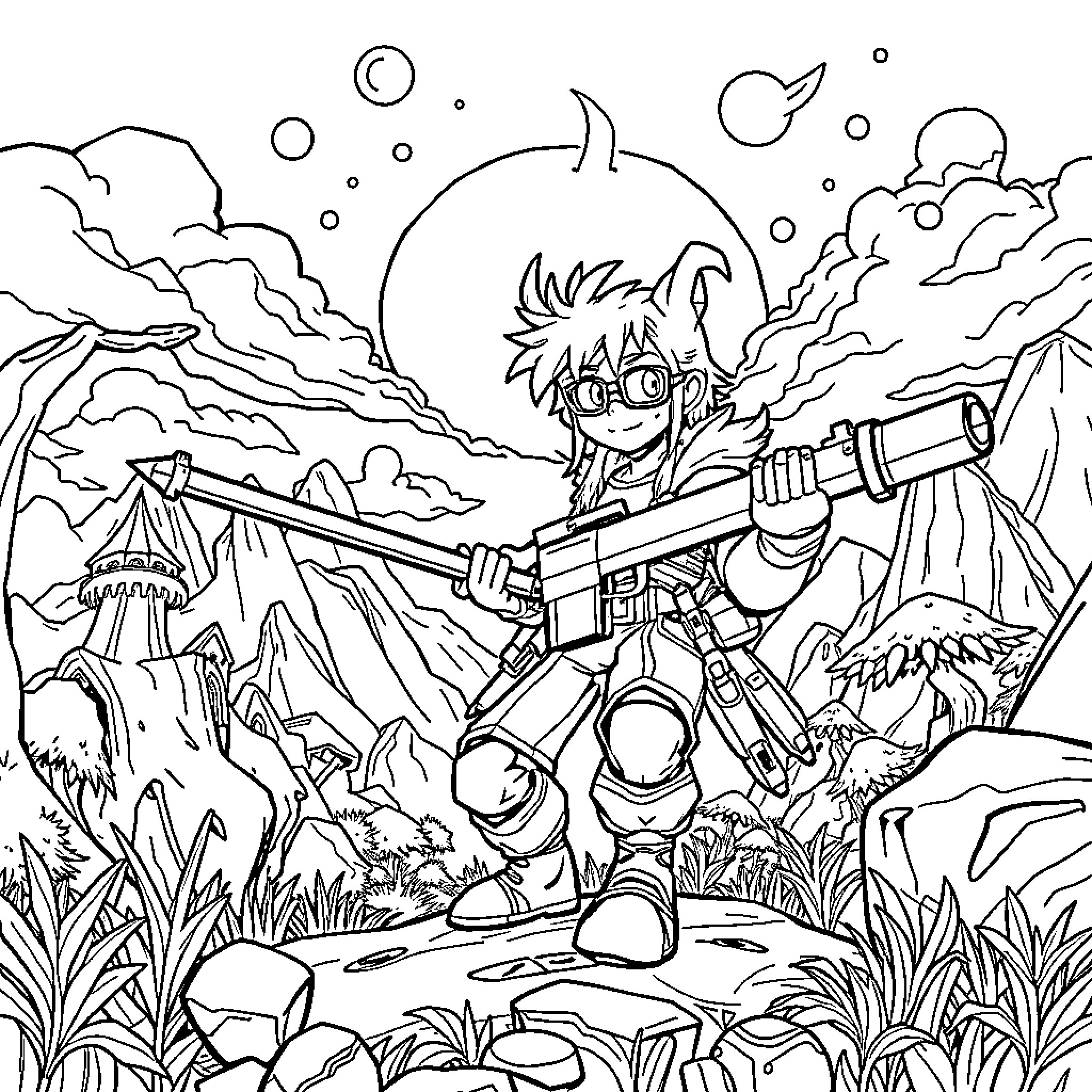Huntrix's Adventurous Explorations in the Fantastical Landscape Coloring Page (free black-and-white line drawing printable PDF for all, from beginners to advanced learners, including children, teens, adults, and seniors)