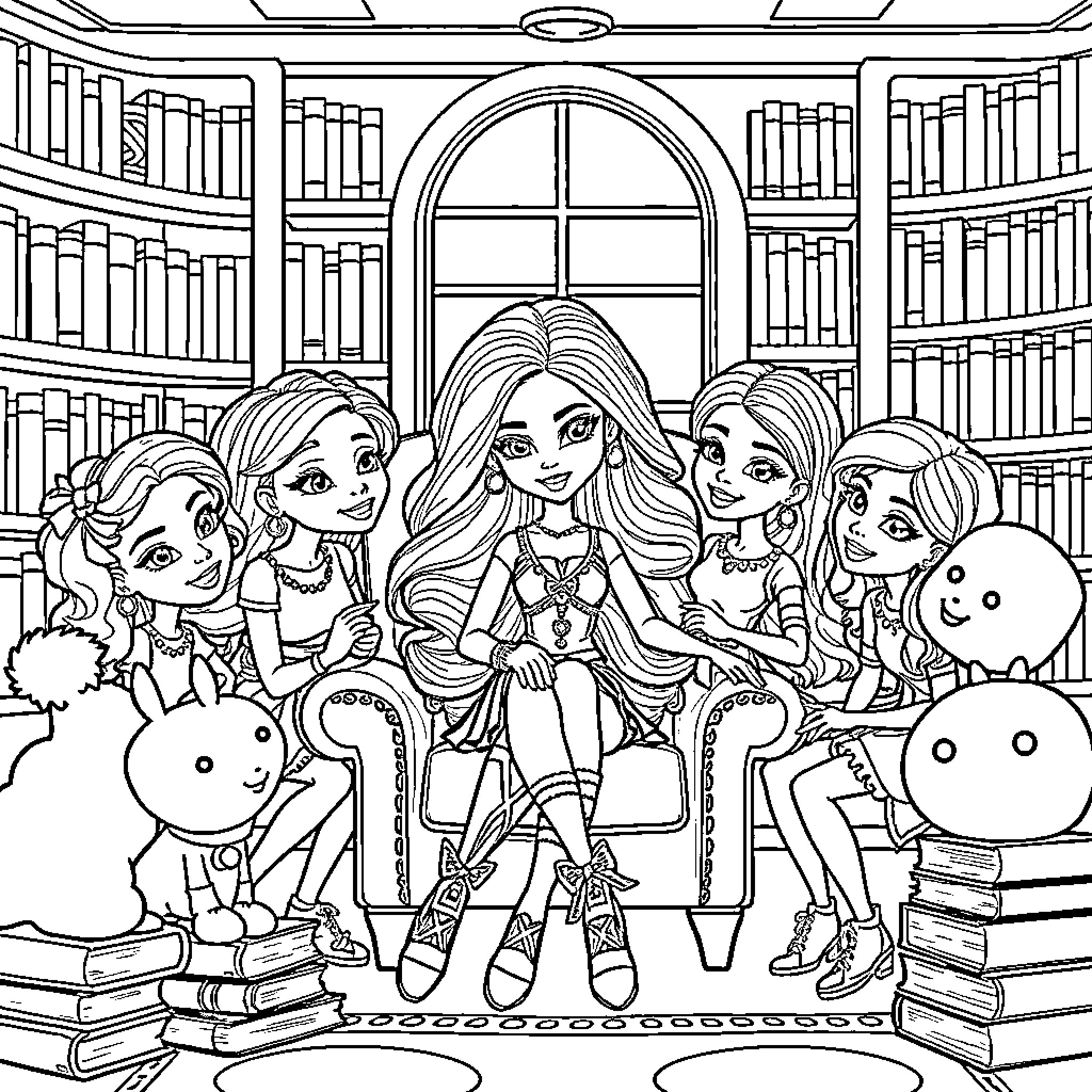 Bratz girls in a cozy library setting Coloring Page (free black-and-white line drawing printable PDF for all, from beginners to advanced learners, including children, teens, adults, and seniors)