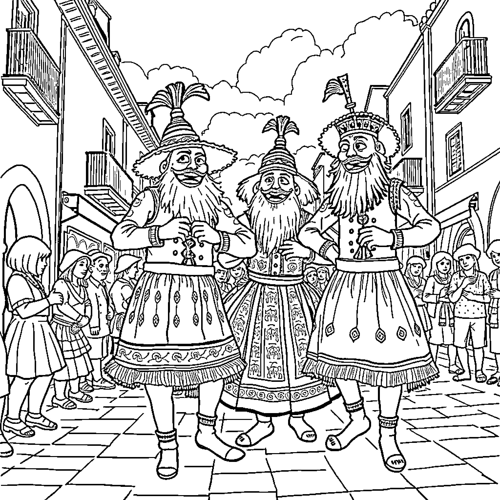 Giant Medieval Festival with Costumed Characters Coloring Page (free black-and-white line drawing printable PDF for all, from beginners to advanced learners, including children, teens, adults, and seniors)