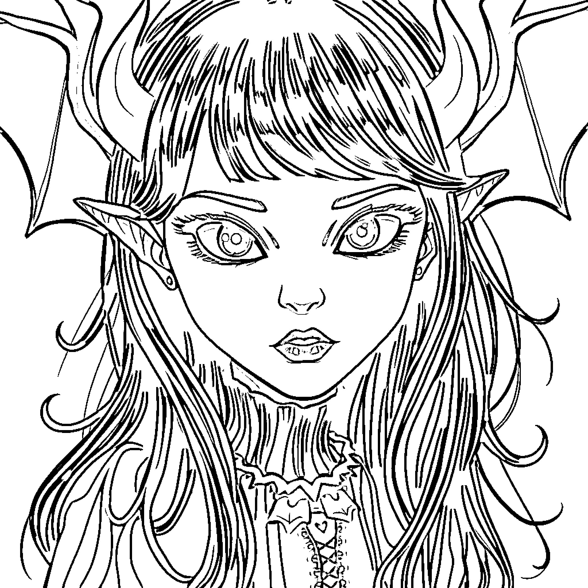Vampire girl with mysterious expression Coloring Page (free black-and-white line drawing printable PDF for all, from beginners to advanced learners, including children, teens, adults, and seniors)
