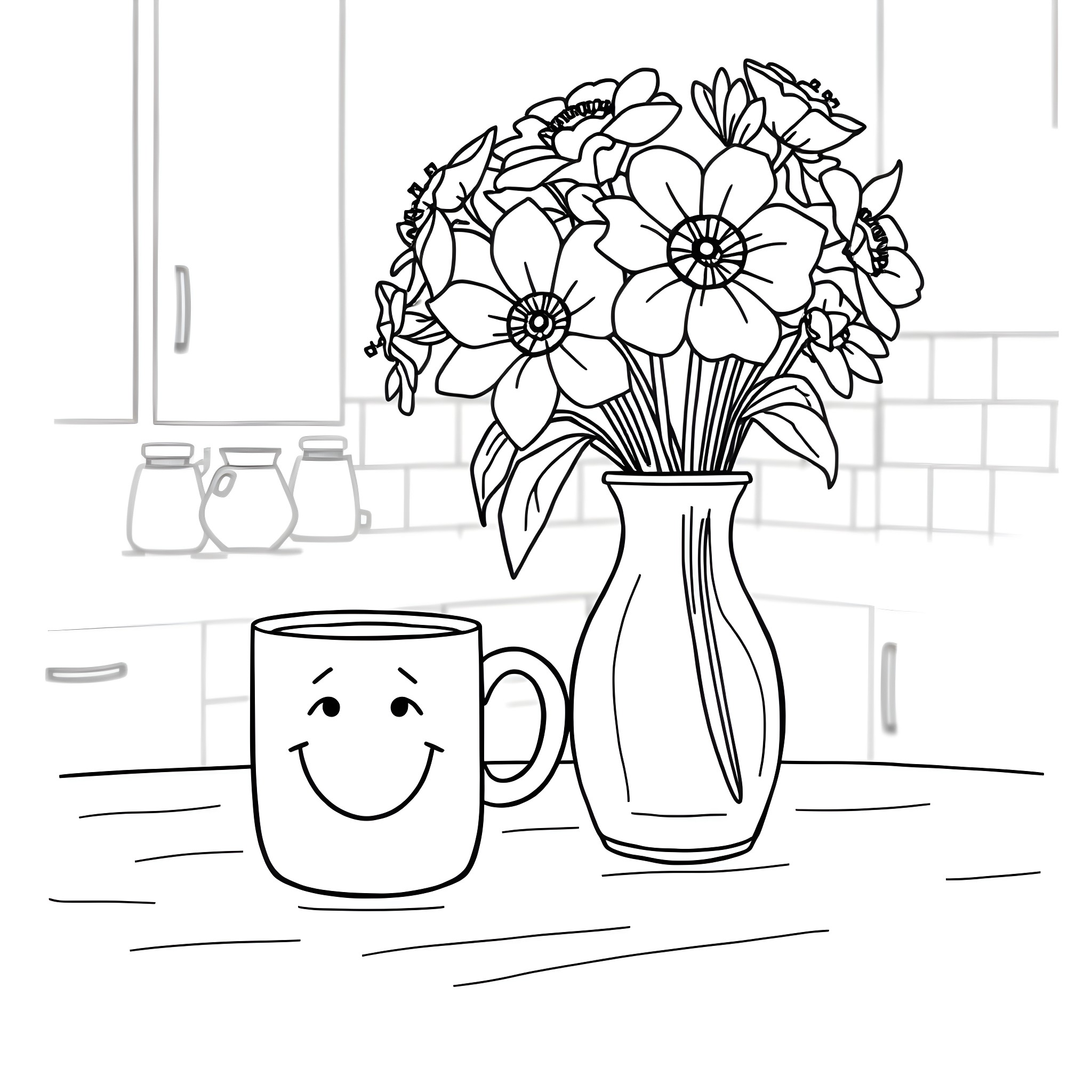 Coffee Mug with Smiling Face and Flower Bouquet Coloring Page (free black-and-white line drawing printable PDF for all, from beginners to advanced learners, including children, teens, adults, and seniors)
