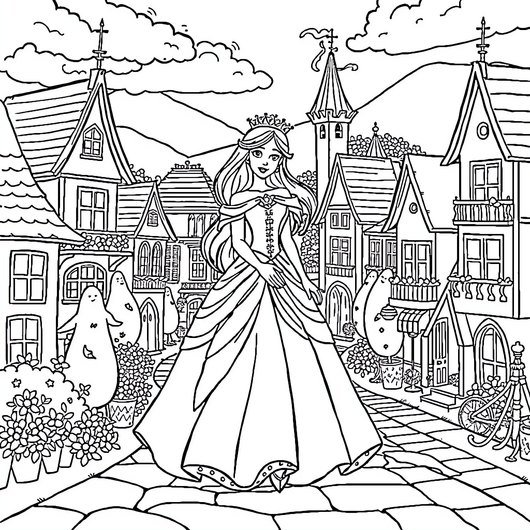 Princess in a Magical Castle Town Coloring Page (free black-and-white line drawing printable PDF for all, from beginners to advanced learners, including children, teens, adults, and seniors)