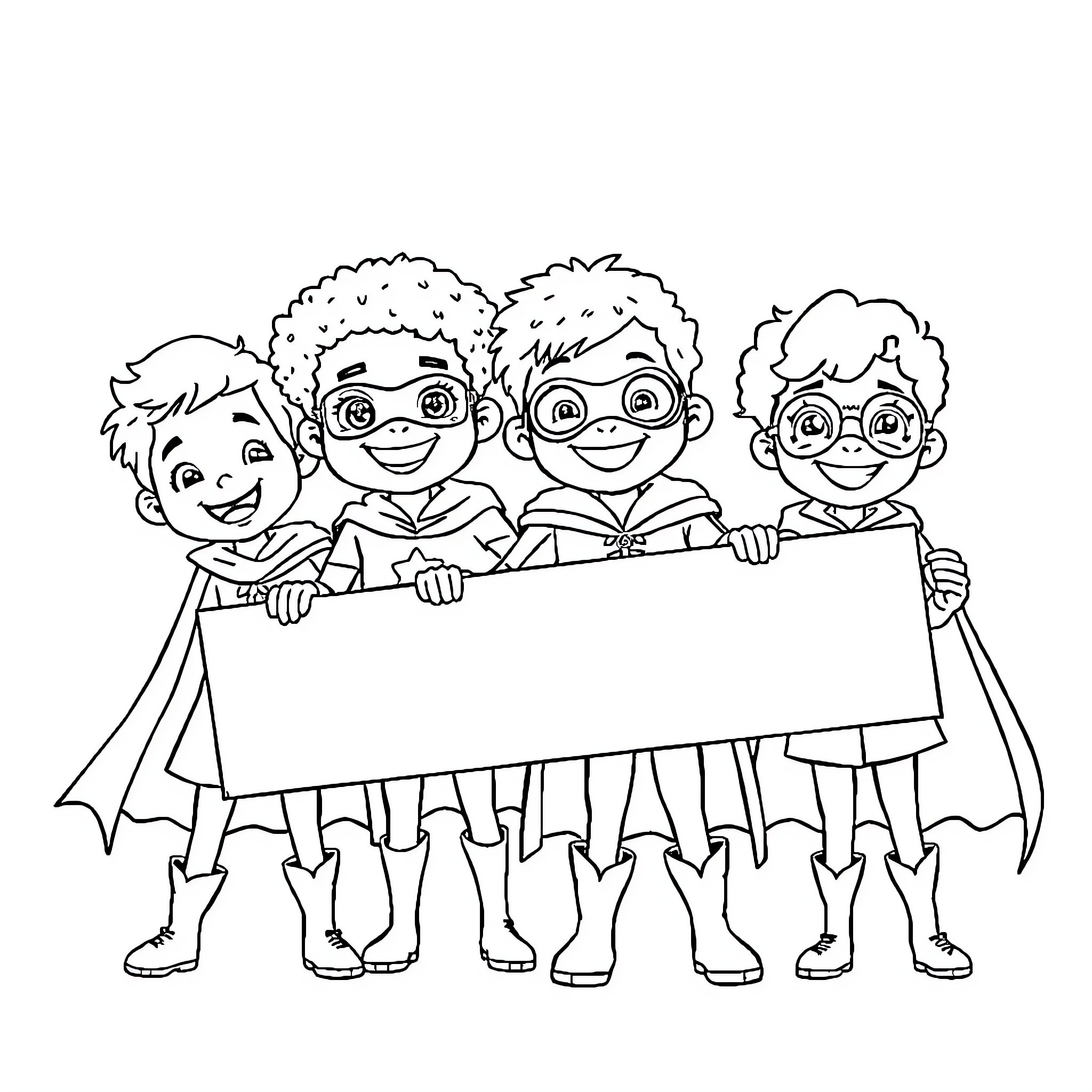 Superhero Kids Holding Blank Banner Coloring Page (free black-and-white line drawing printable PDF for all, from beginners to advanced learners, including children, teens, adults, and seniors)