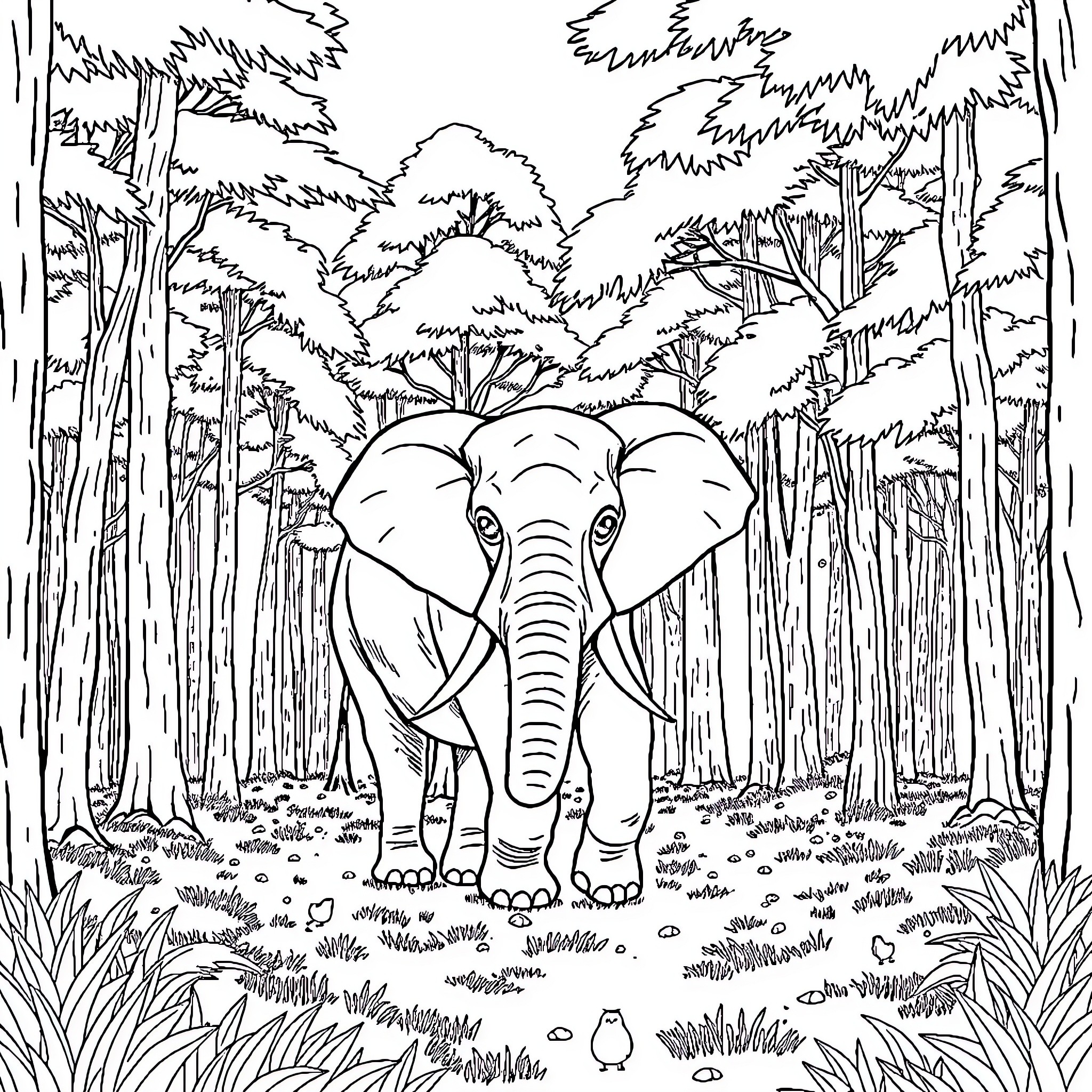 Elephant exploring the enchanting forest Coloring Page (free black-and-white line drawing printable PDF for all, from beginners to advanced learners, including children, teens, adults, and seniors)