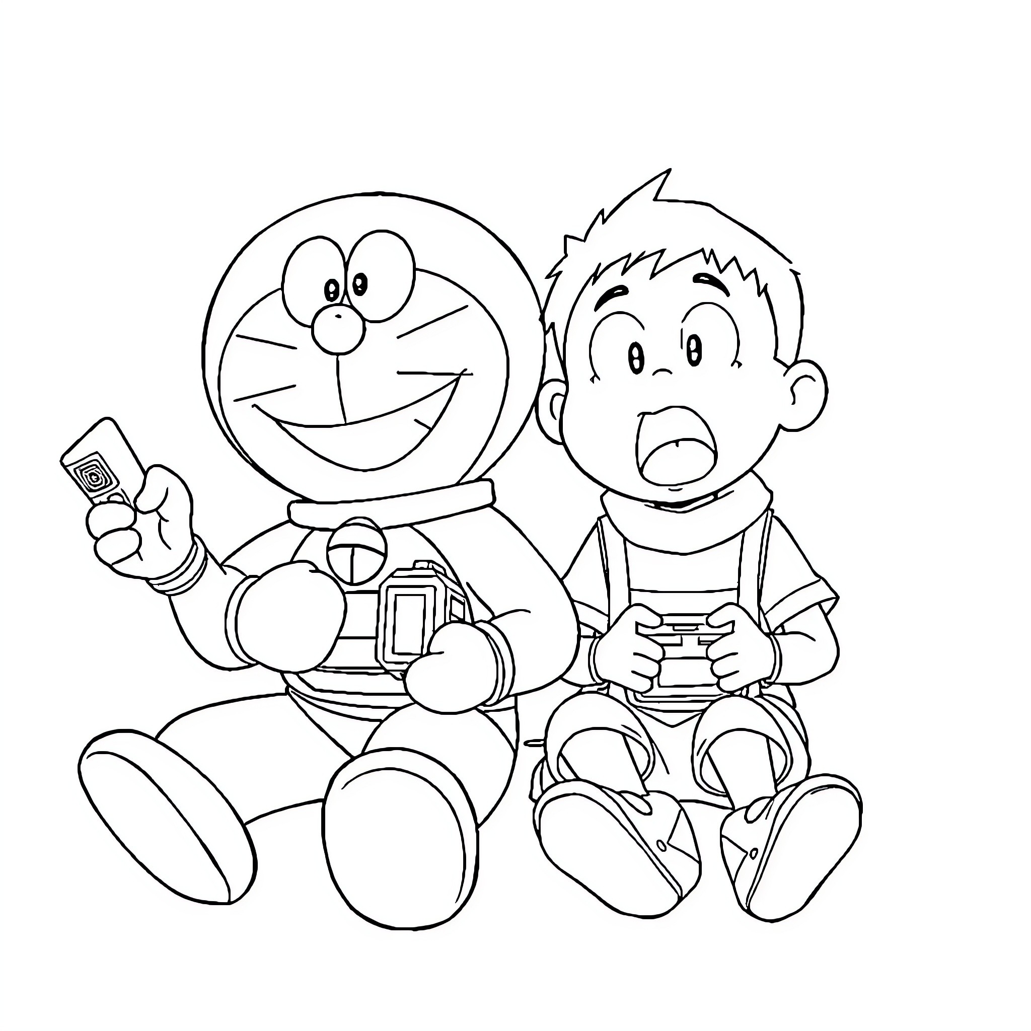 Doraemon and boy playing video games happily Coloring Page (free black-and-white line drawing printable PDF for all, from beginners to advanced learners, including children, teens, adults, and seniors)