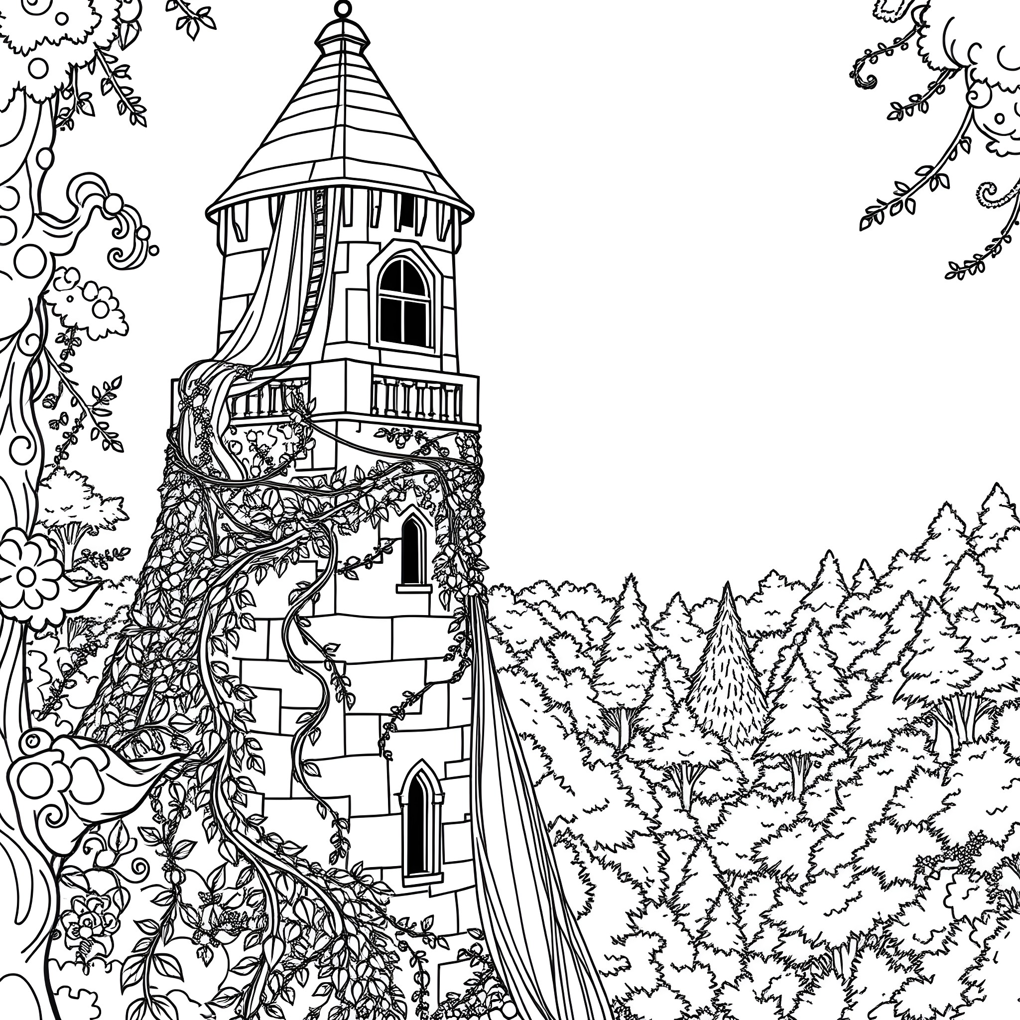Rapunzel's enchanted tower in the enchanted forest Coloring Page (free black-and-white line drawing printable PDF for all, from beginners to advanced learners, including children, teens, adults, and seniors)