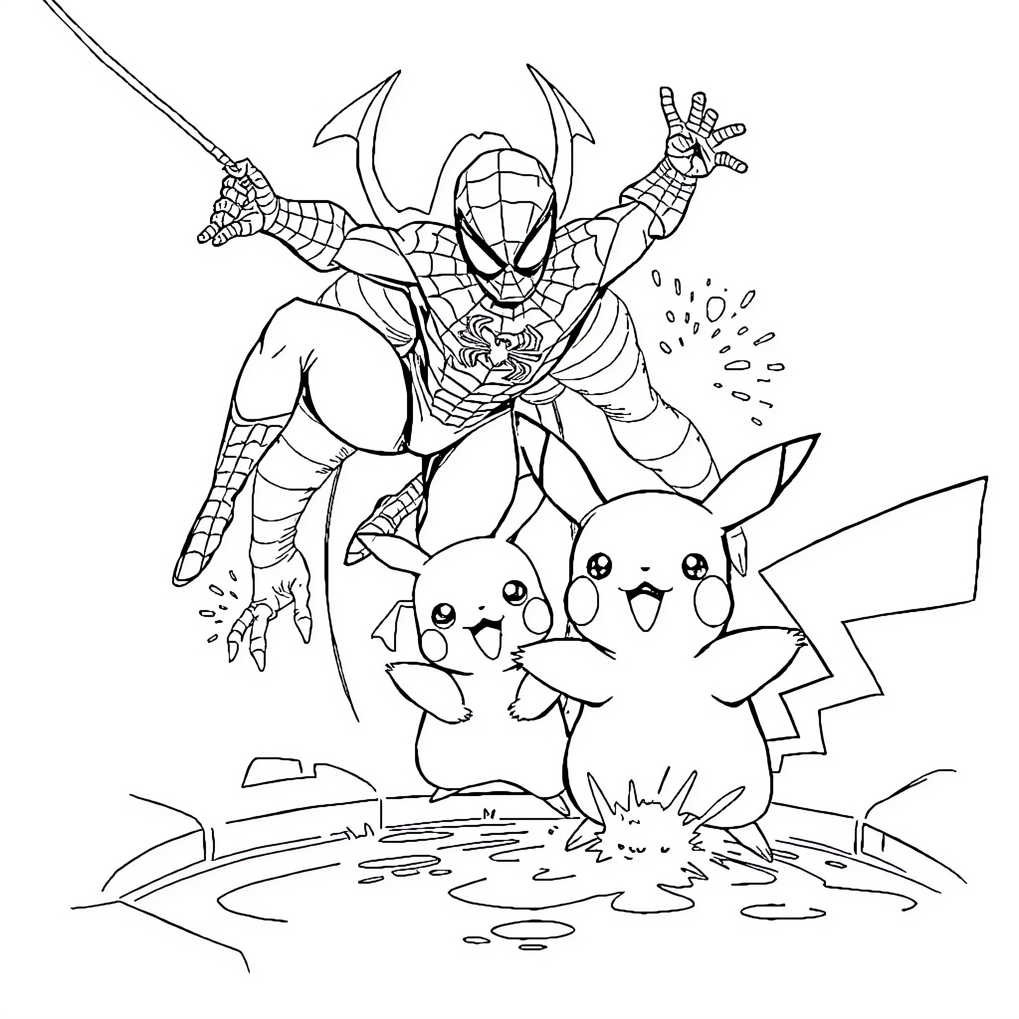 Spiderman battling Pikachu in a heroic scene Coloring Page (free black-and-white line drawing printable PDF for all, from beginners to advanced learners, including children, teens, adults, and seniors)