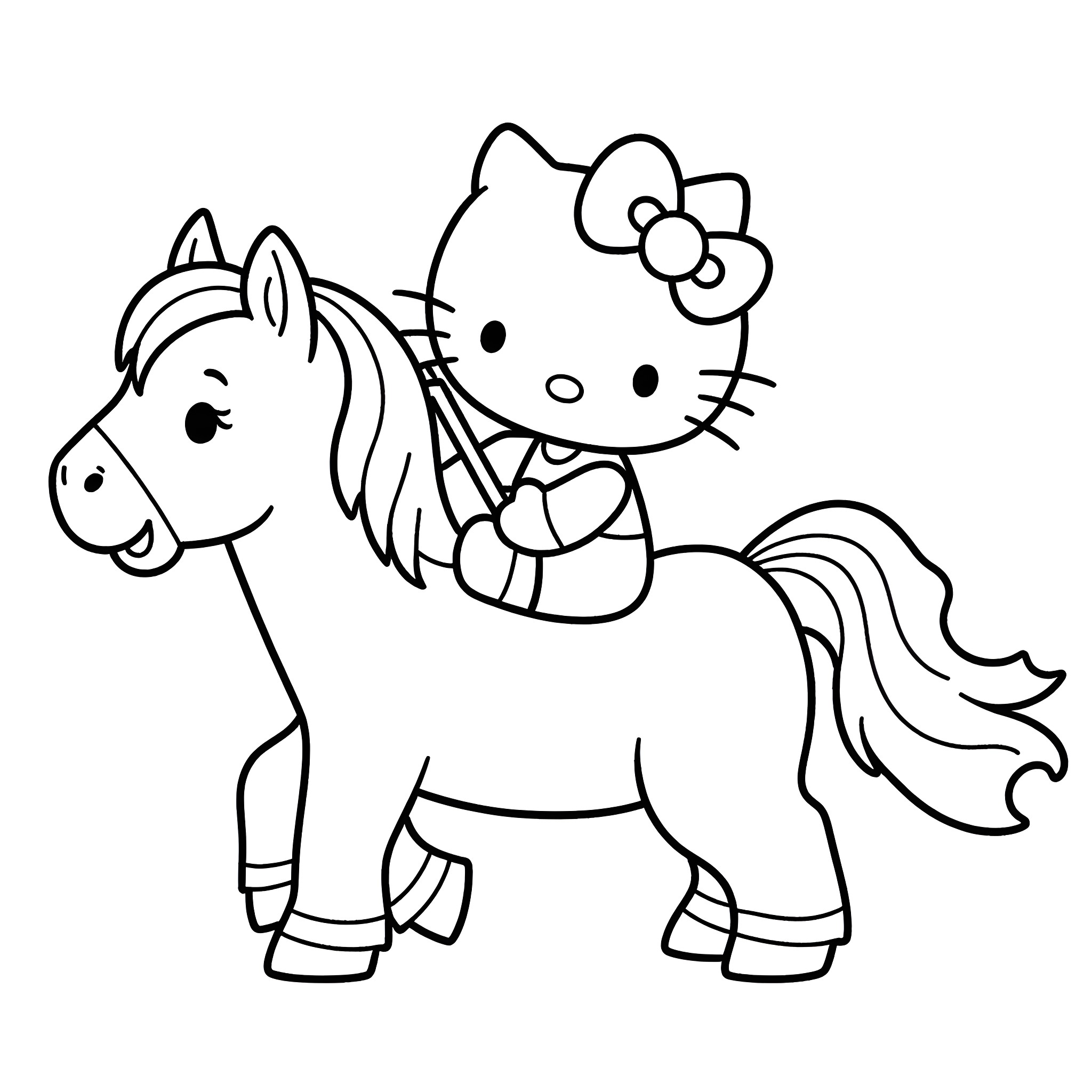 Hello Kitty riding a pony happily Coloring Page (free black-and-white line drawing printable PDF for all, from beginners to advanced learners, including children, teens, adults, and seniors)
