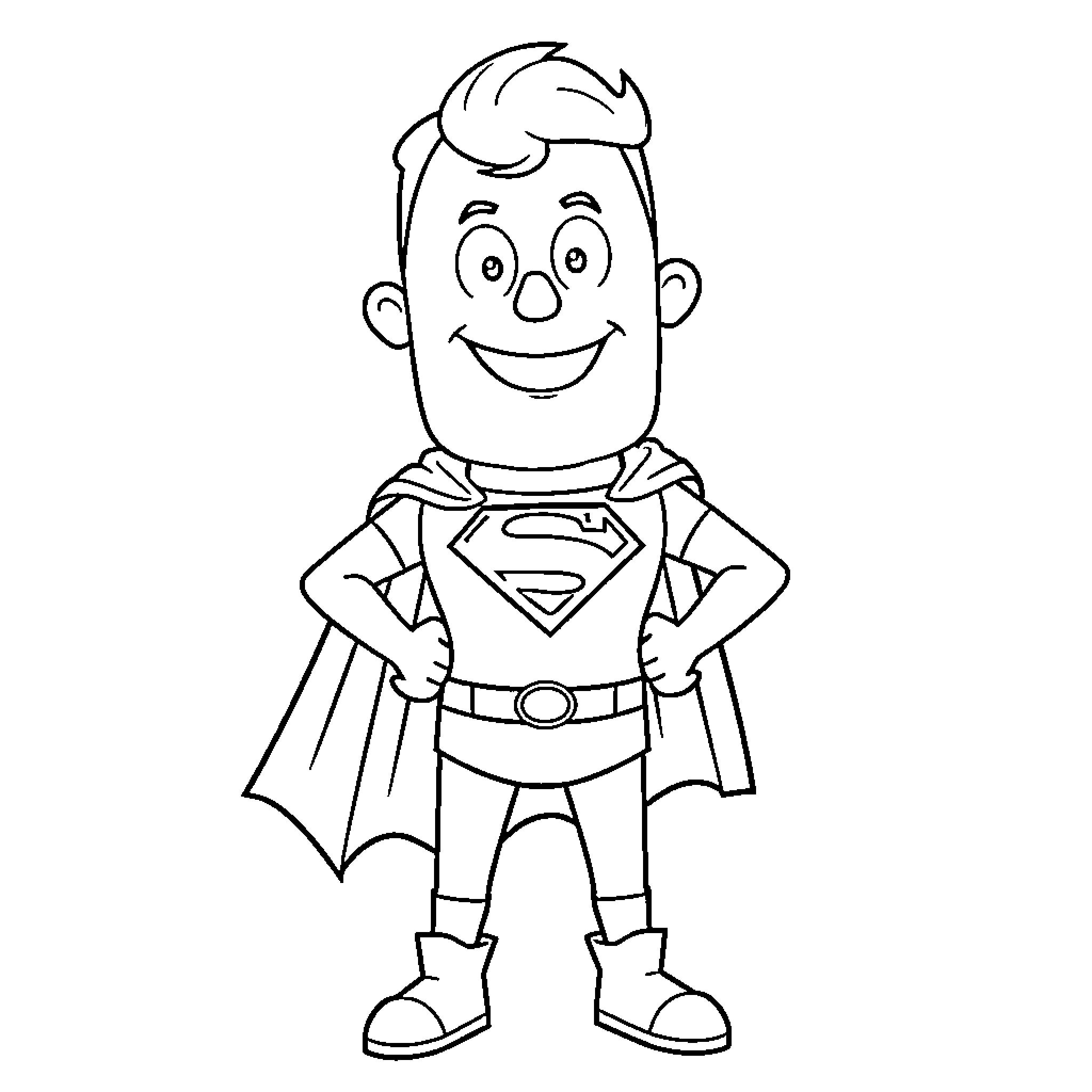 Blippi portrayed as a superhero in a confident pose Coloring Page (free black-and-white line drawing printable PDF for all, from beginners to advanced learners, including children, teens, adults, and seniors)