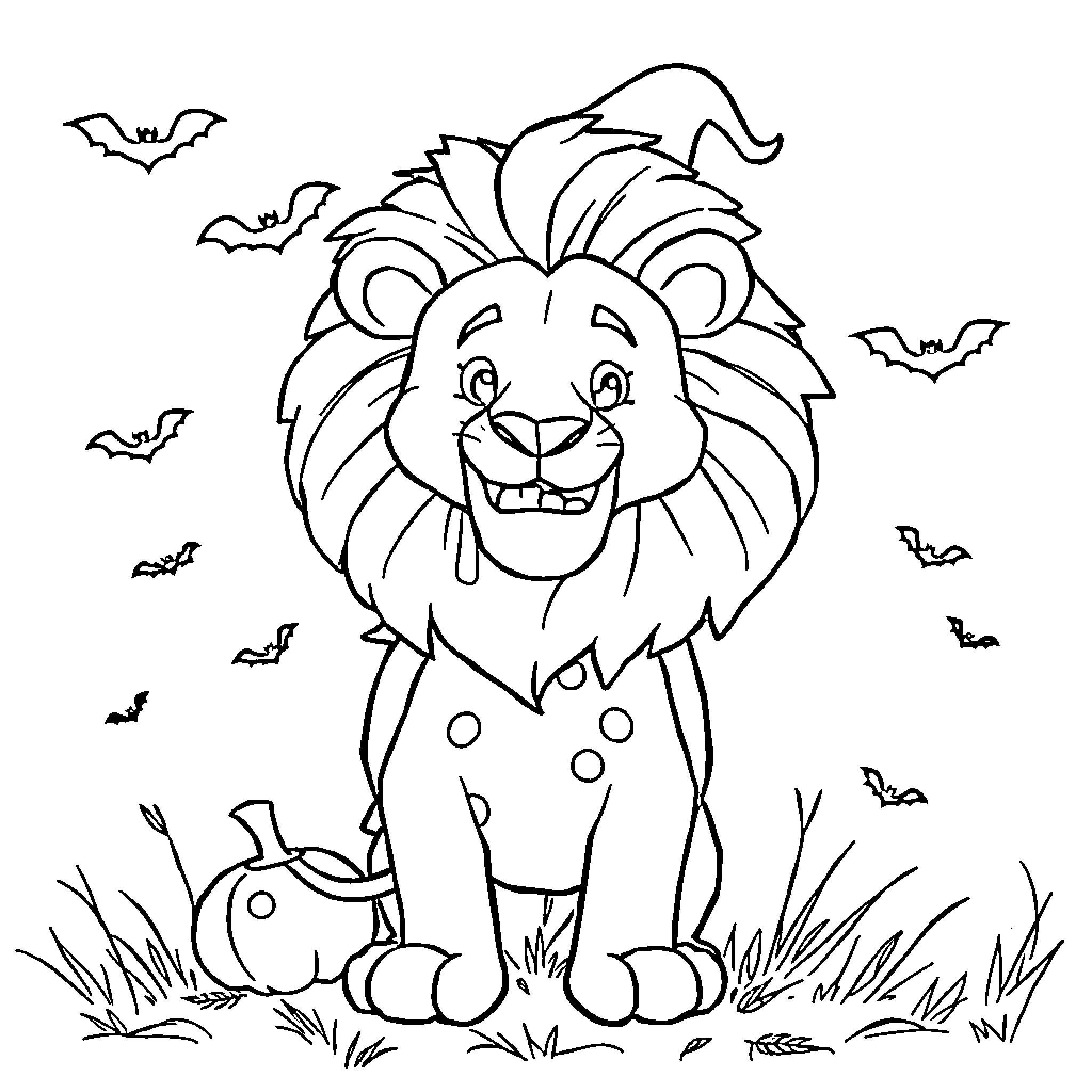 Lion smiling happily with bats in Halloween scene Coloring Page (free black-and-white line drawing printable PDF for all, from beginners to advanced learners, including children, teens, adults, and seniors)