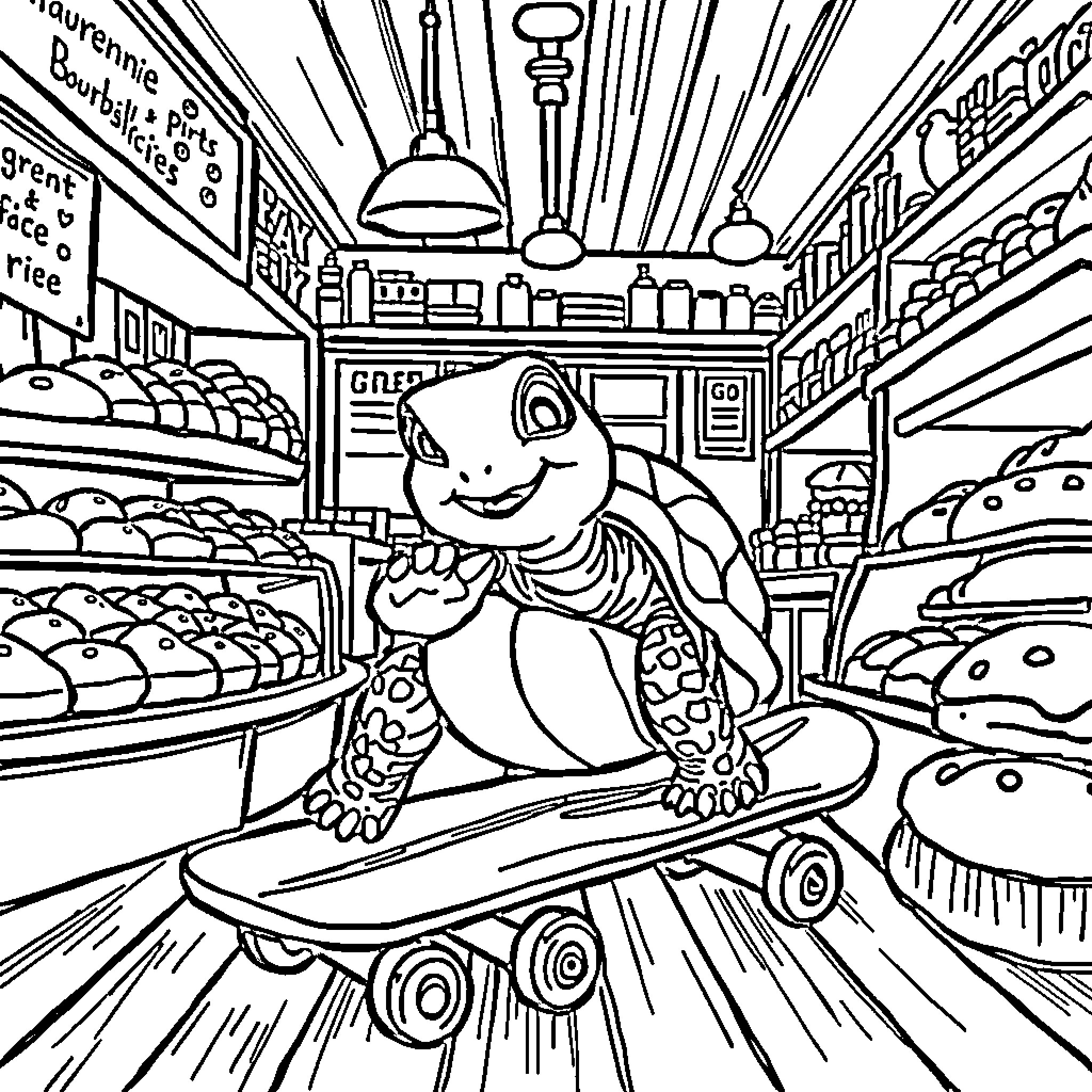 Turtle riding a skateboard in a grocery store Coloring Page (free black-and-white line drawing printable PDF for all, from beginners to advanced learners, including children, teens, adults, and seniors)
