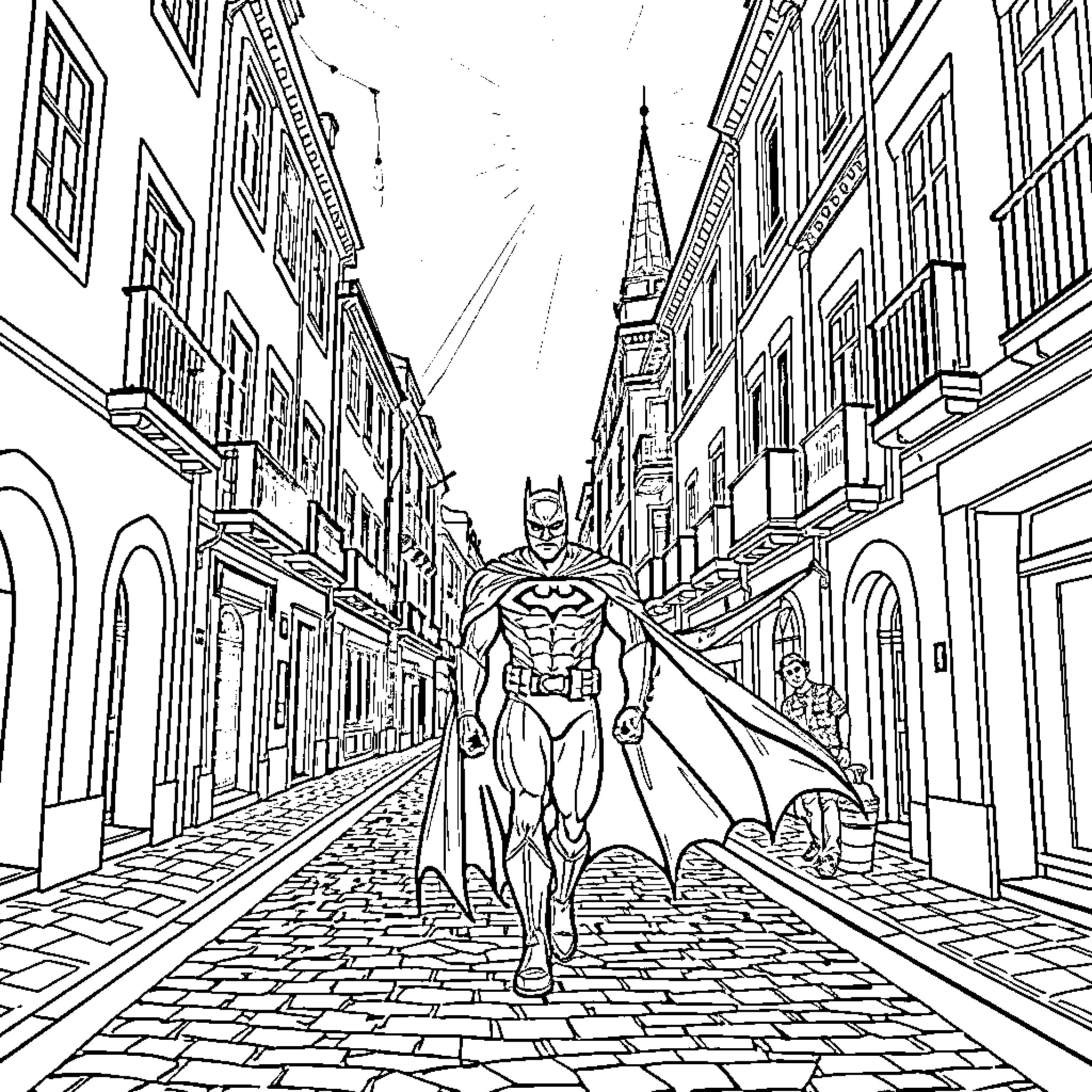 Batman Patrolling the Bustling City Streets Coloring Page (free black-and-white line drawing printable PDF for all, from beginners to advanced learners, including children, teens, adults, and seniors)