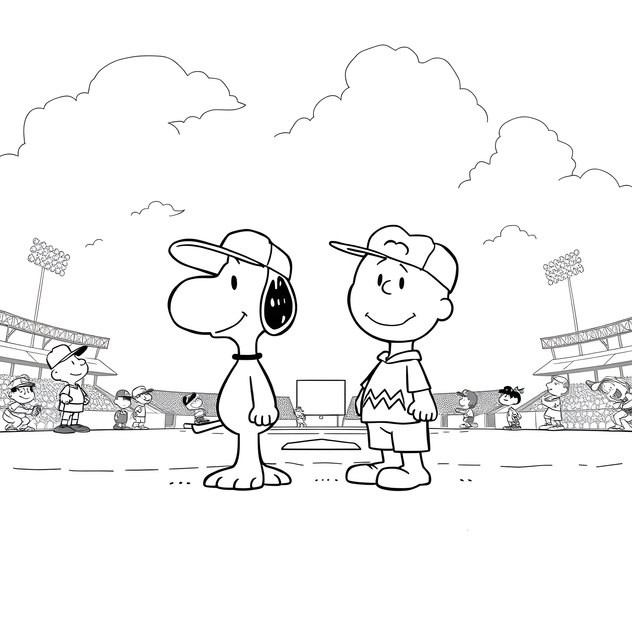 Snoopy and Charlie Brown at the Baseball Game Coloring Page (free black-and-white line drawing printable PDF for all, from beginners to advanced learners, including children, teens, adults, and seniors)