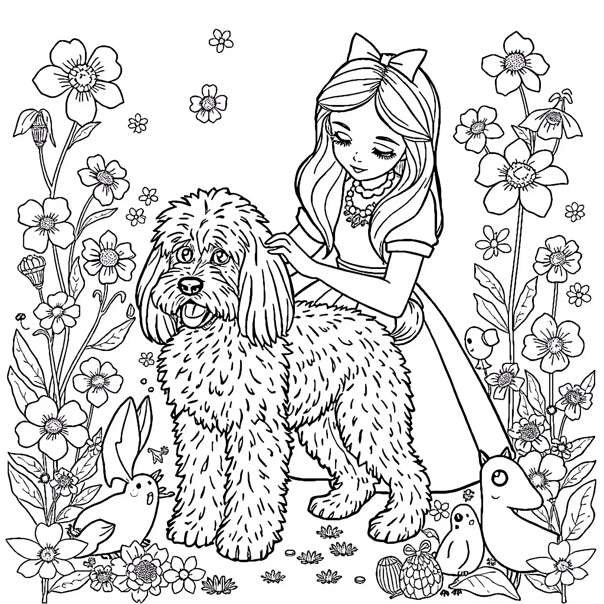 Alice in a Floral Garden with Pets Coloring Page (free black-and-white line drawing printable PDF for all, from beginners to advanced learners, including children, teens, adults, and seniors)