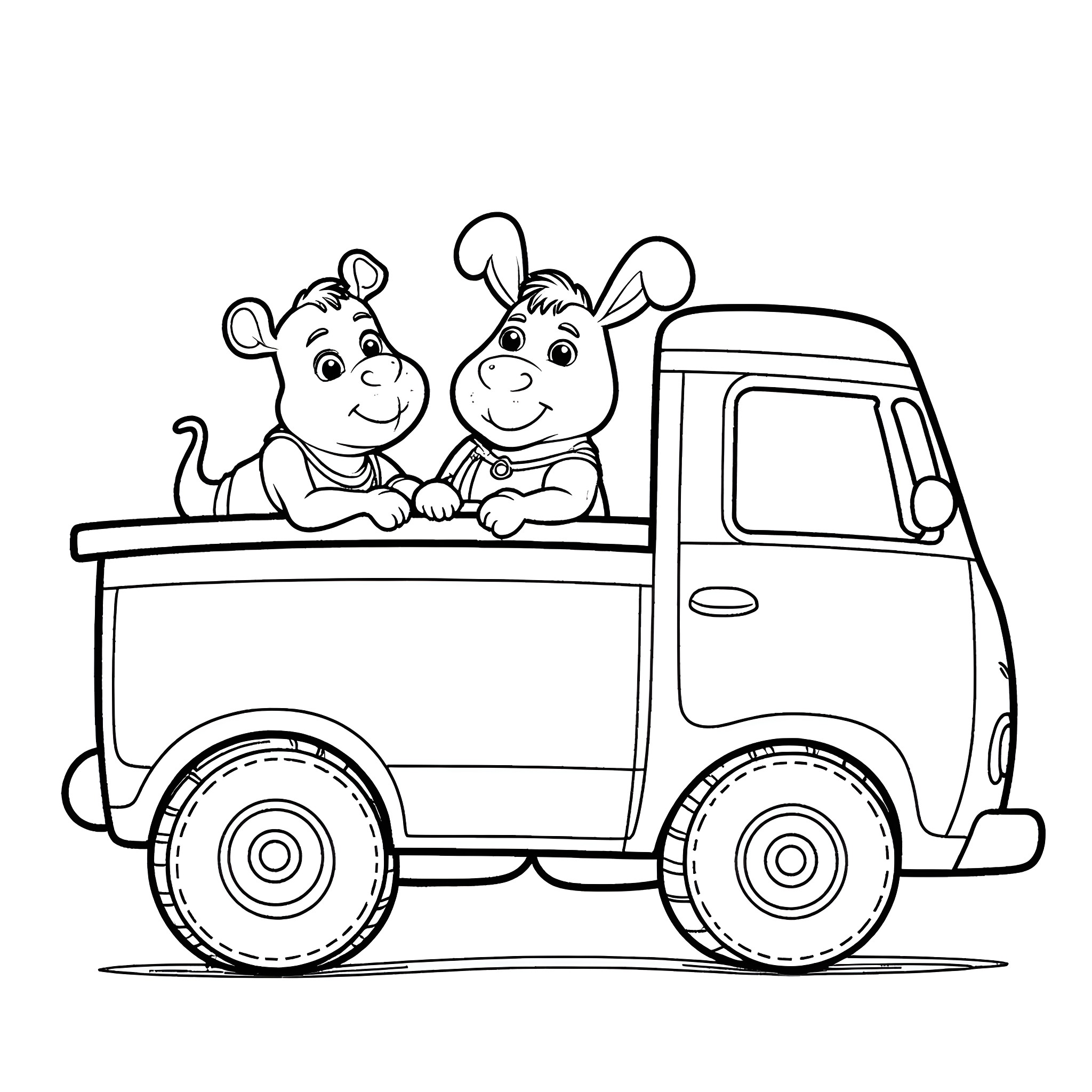 Shrek's friends riding a happy truck Coloring Page (free black-and-white line drawing printable PDF for all, from beginners to advanced learners, including children, teens, adults, and seniors)