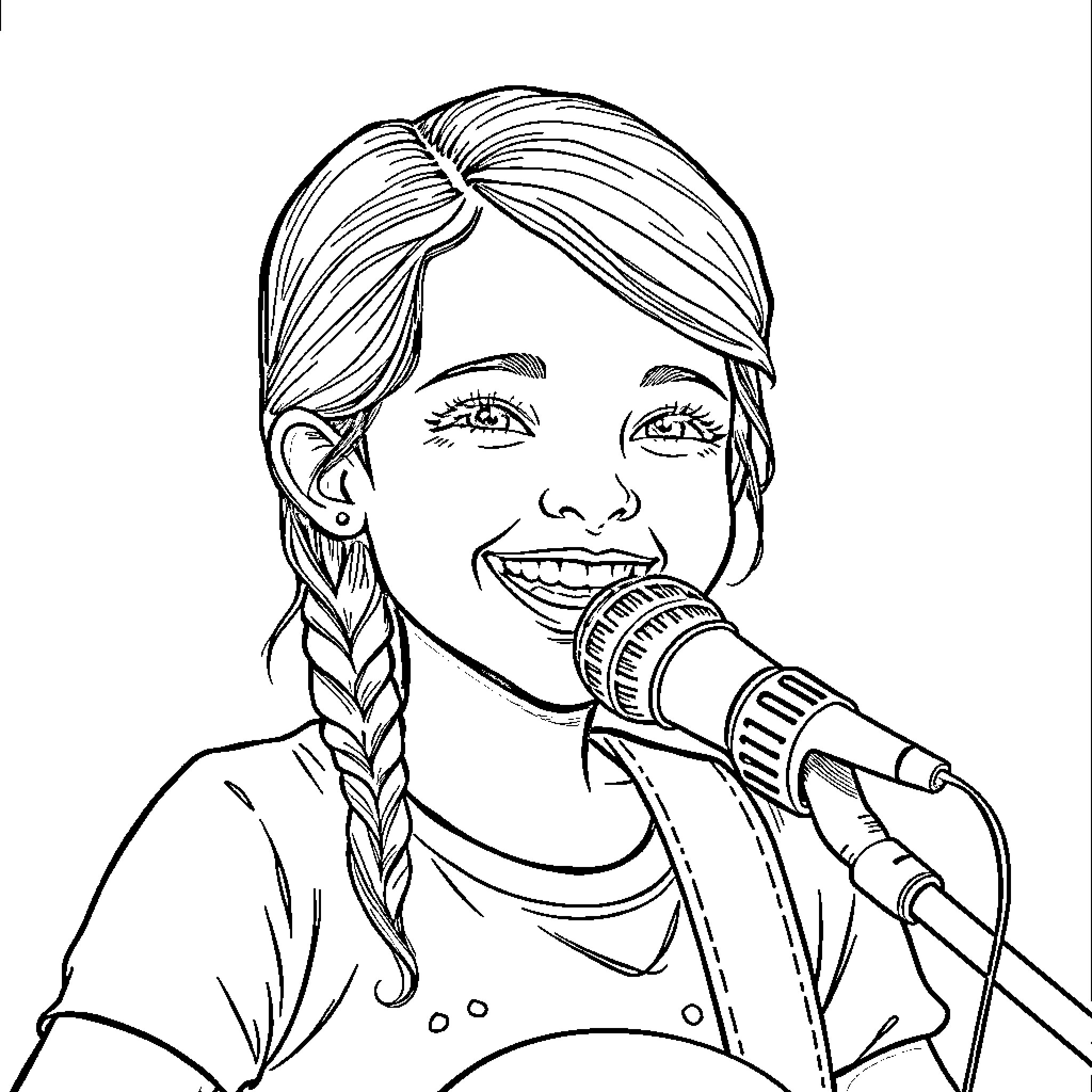 Bailey Lynn Zimmerman Performing on Stage with Microphone Coloring Page (free black-and-white line drawing printable PDF for all, from beginners to advanced learners, including children, teens, adults, and seniors)
