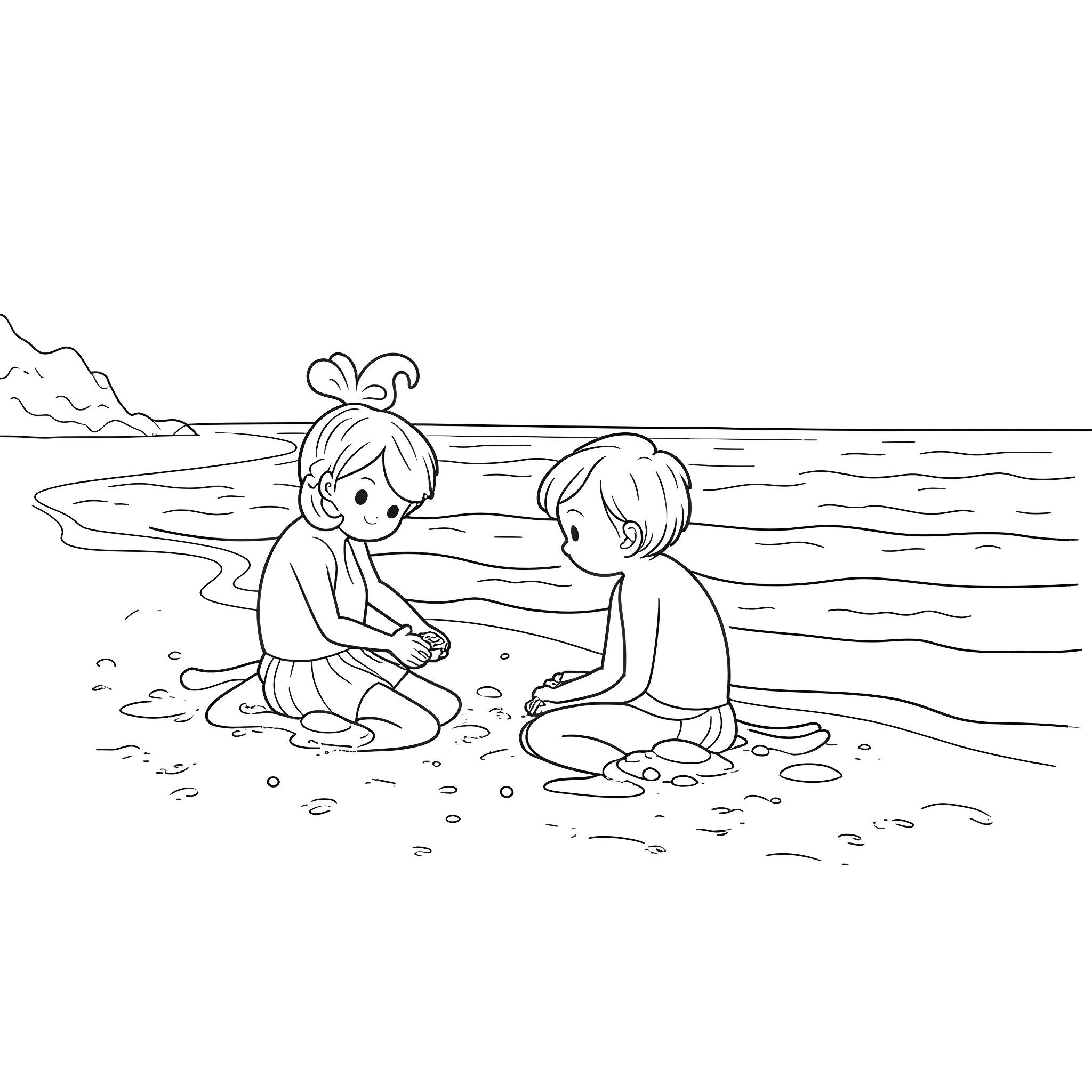 Bluey and friend playing in the sand by the sea Coloring Page (free black-and-white line drawing printable PDF for all, from beginners to advanced learners, including children, teens, adults, and seniors)