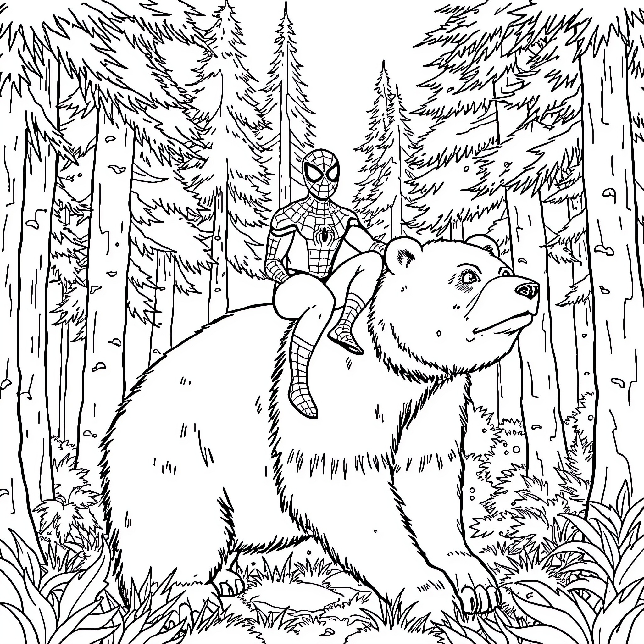 Spiderman riding on a bear in the forest Coloring Page (free black-and-white line drawing printable PDF for all, from beginners to advanced learners, including children, teens, adults, and seniors)