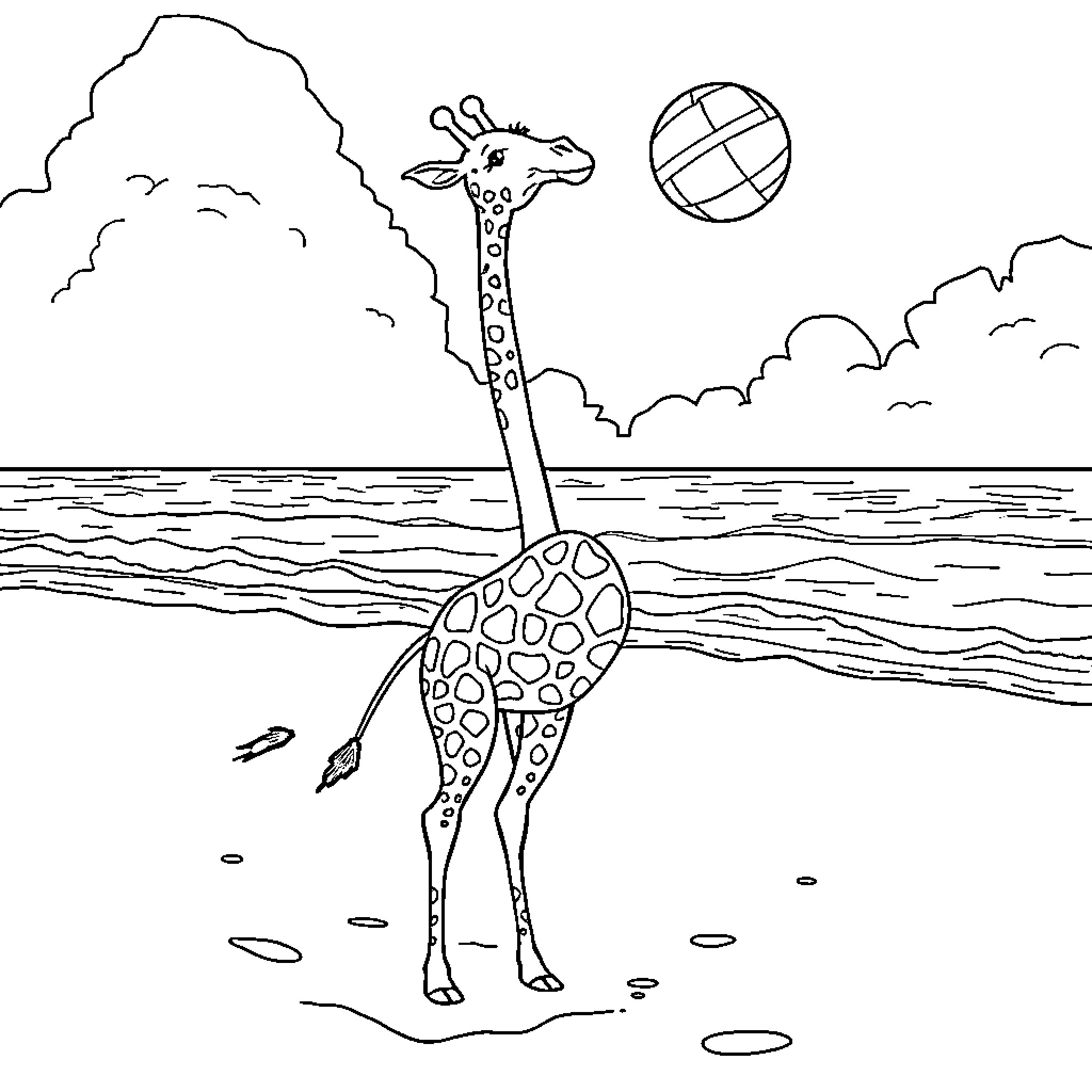 Giraffe playing with beach ball in the ocean Coloring Page (free black-and-white line drawing printable PDF for all, from beginners to advanced learners, including children, teens, adults, and seniors)