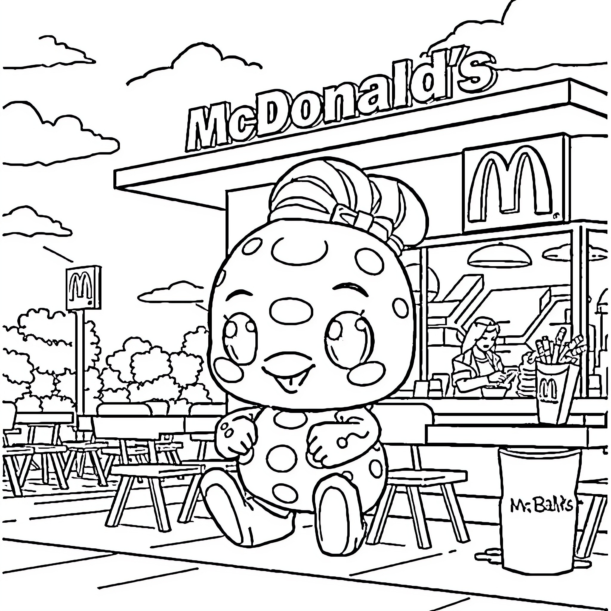 Scoubidou enjoys a meal at the McDonald's restaurant Coloring Page (free black-and-white line drawing printable PDF for all, from beginners to advanced learners, including children, teens, adults, and seniors)