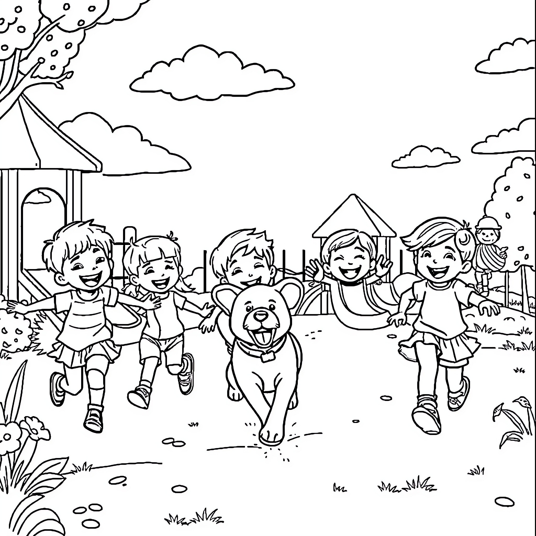 Children playing joyfully on the playground Coloring Page (free black-and-white line drawing printable PDF for all, from beginners to advanced learners, including children, teens, adults, and seniors)