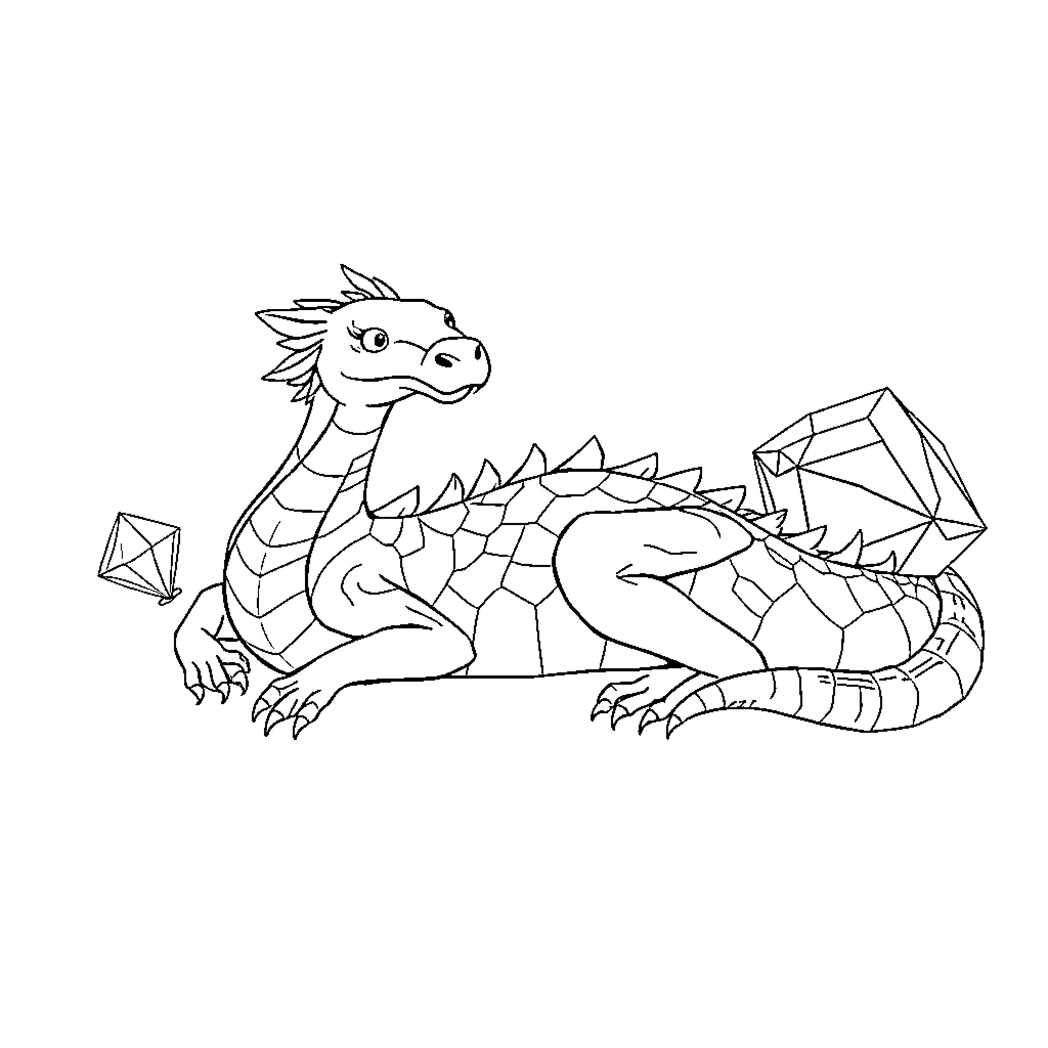 Draak the Dragon Guarding Precious Gems Coloring Page (free black-and-white line drawing printable PDF for all, from beginners to advanced learners, including children, teens, adults, and seniors)