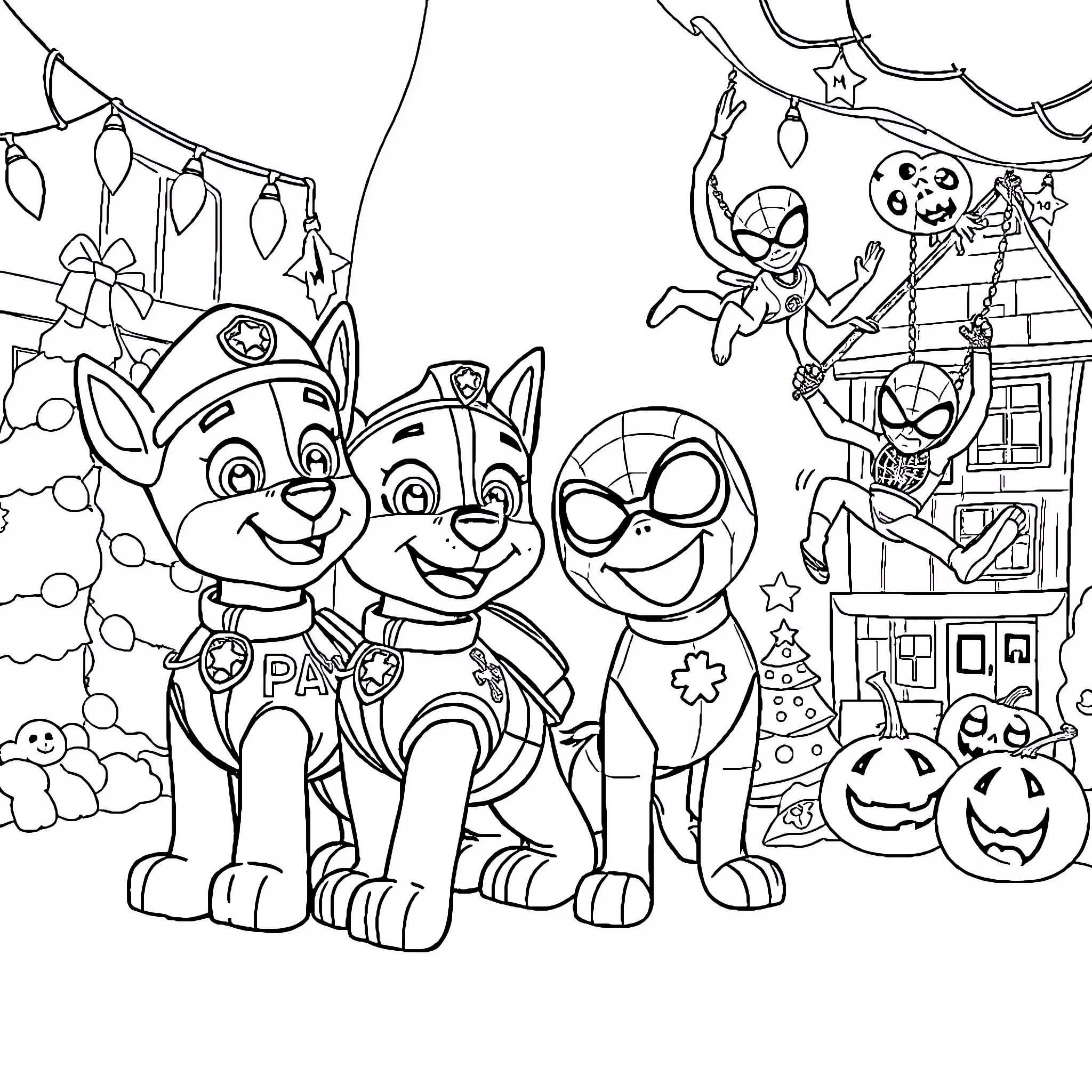 Paw Patrol Enjoying a Halloween Celebration Coloring Page (free black-and-white line drawing printable PDF for all, from beginners to advanced learners, including children, teens, adults, and seniors)