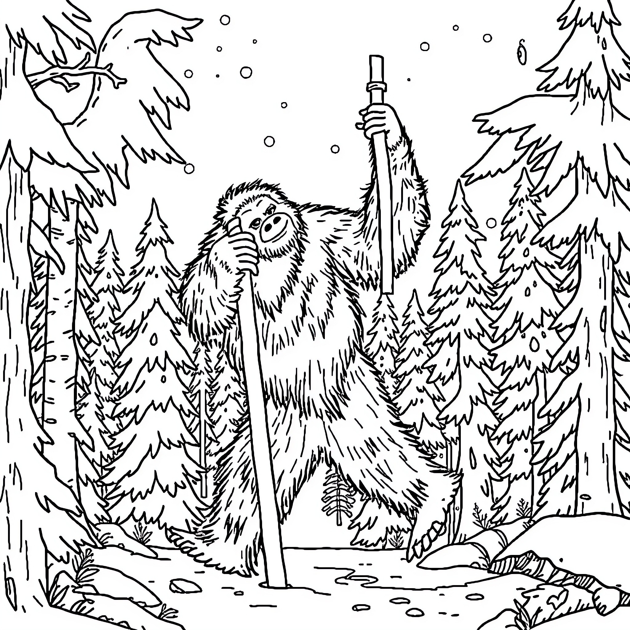 Sasquatch Exploring the Snowy Forest Coloring Page (free black-and-white line drawing printable PDF for all, from beginners to advanced learners, including children, teens, adults, and seniors)