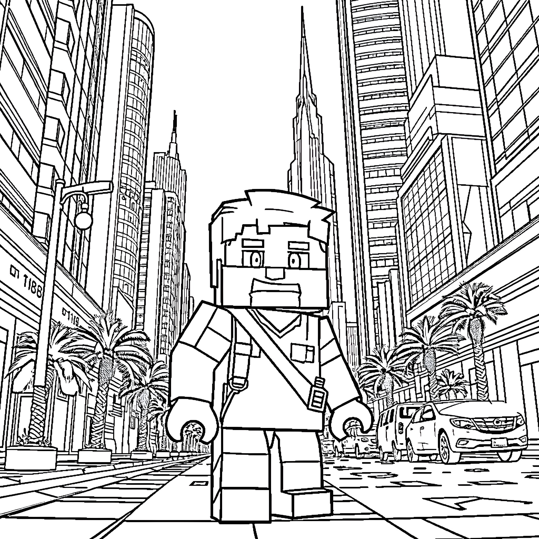 Steve explores the bustling city landscape Coloring Page (free black-and-white line drawing printable PDF for all, from beginners to advanced learners, including children, teens, adults, and seniors)