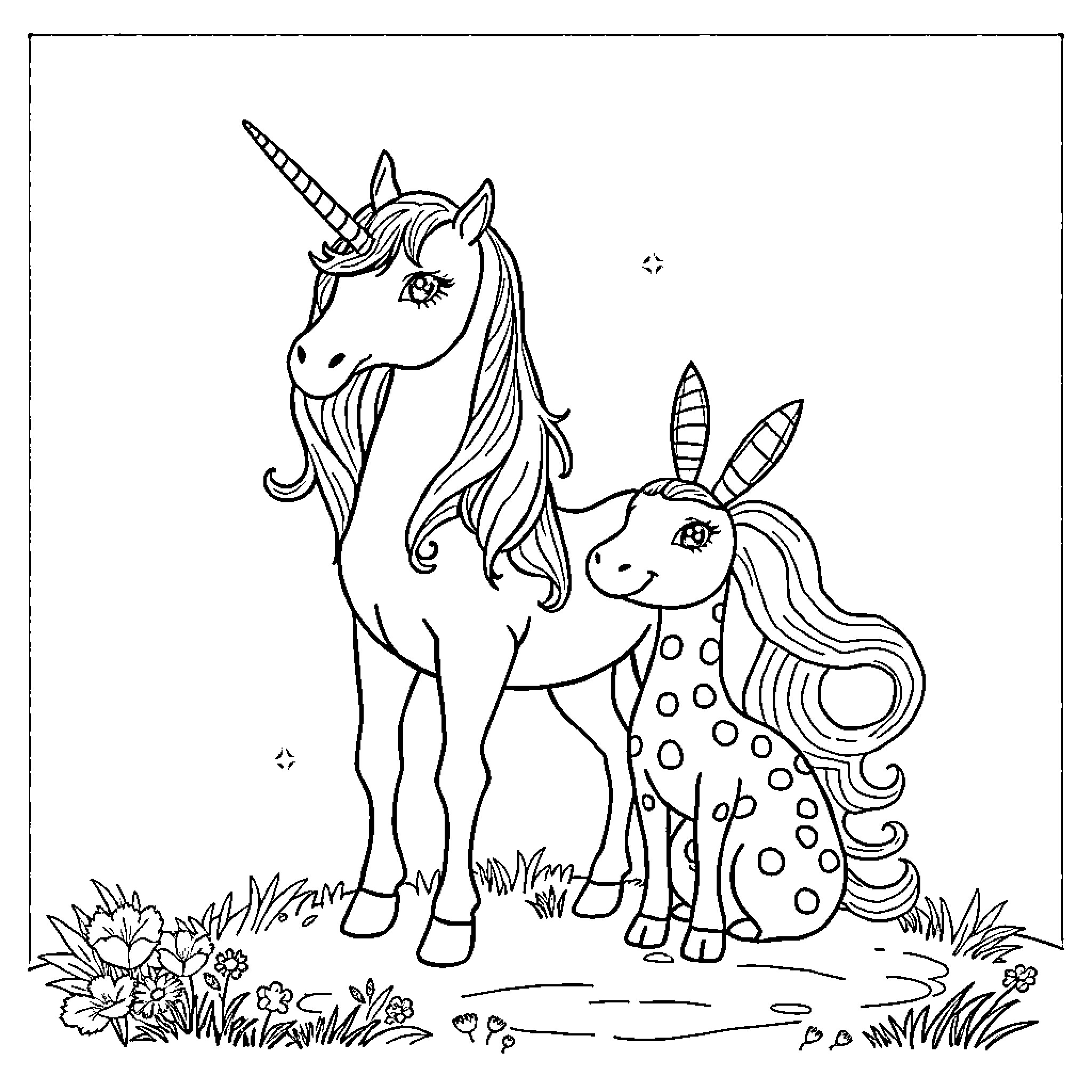 Unicorn and baby unicorn in a meadow Coloring Page (free black-and-white line drawing printable PDF for all, from beginners to advanced learners, including children, teens, adults, and seniors)