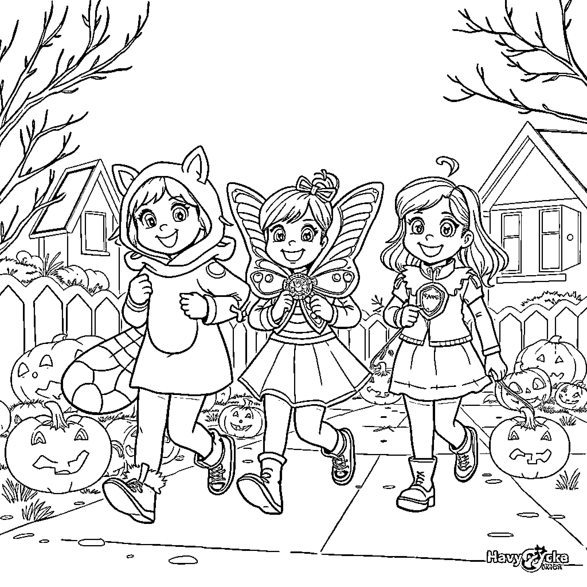 Sister Fairies and Friends Celebrating Halloween Coloring Page (free black-and-white line drawing printable PDF for all, from beginners to advanced learners, including children, teens, adults, and seniors)