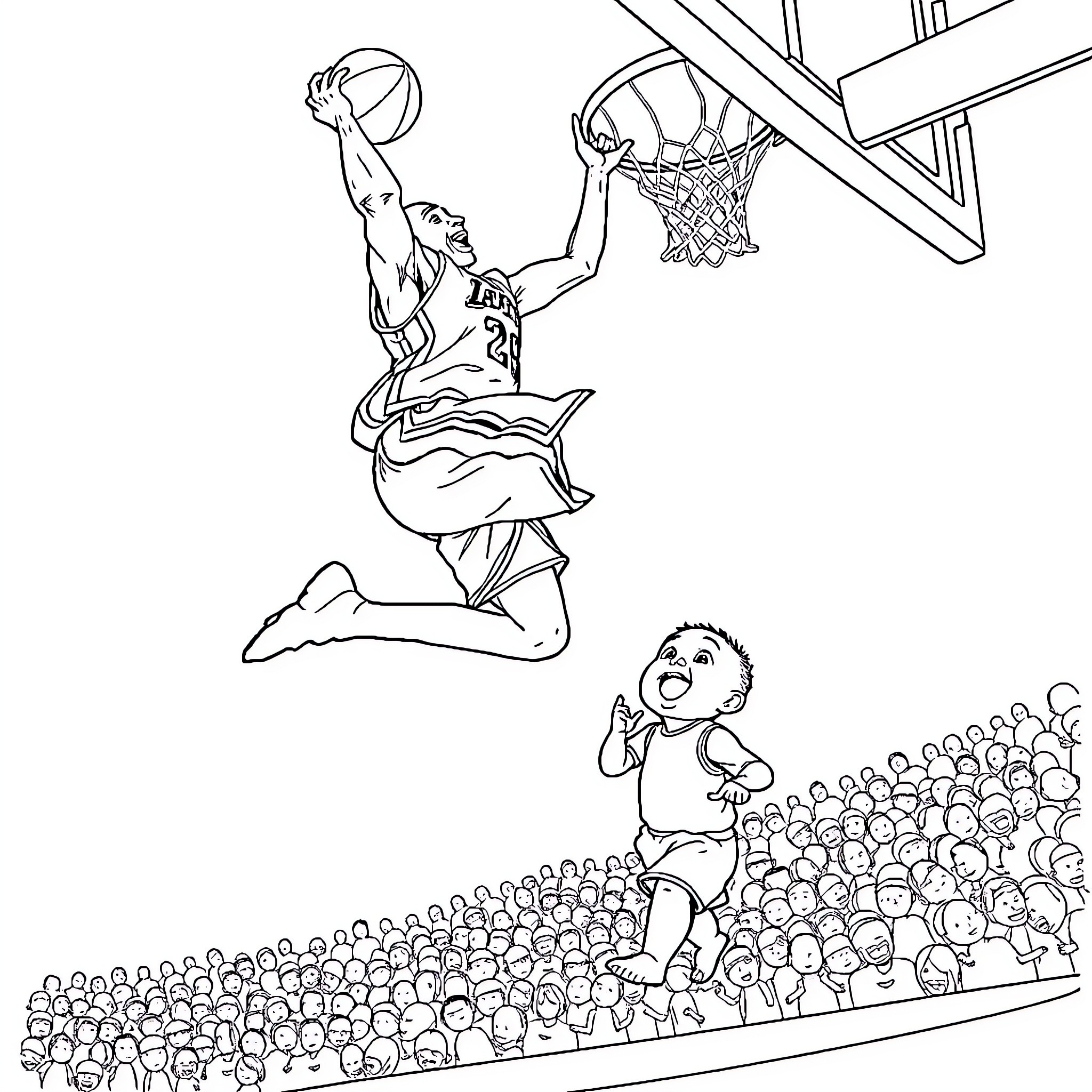 Kobe Bryant Soaring Towards the Hoop in Game Action Coloring Page (free black-and-white line drawing printable PDF for all, from beginners to advanced learners, including children, teens, adults, and seniors)
