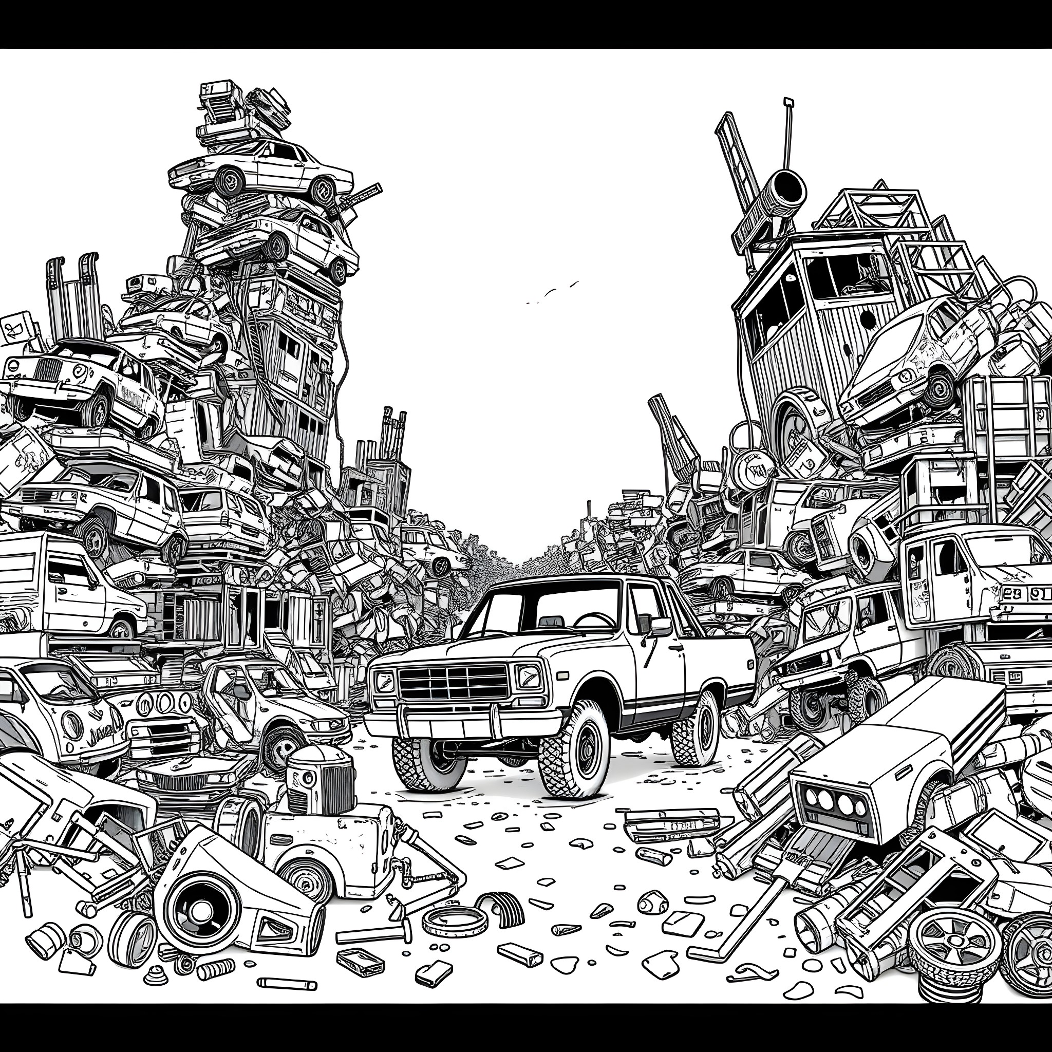 Pick Up Truck in Junkyard Landscape Coloring Page (free black-and-white line drawing printable PDF for all, from beginners to advanced learners, including children, teens, adults, and seniors)