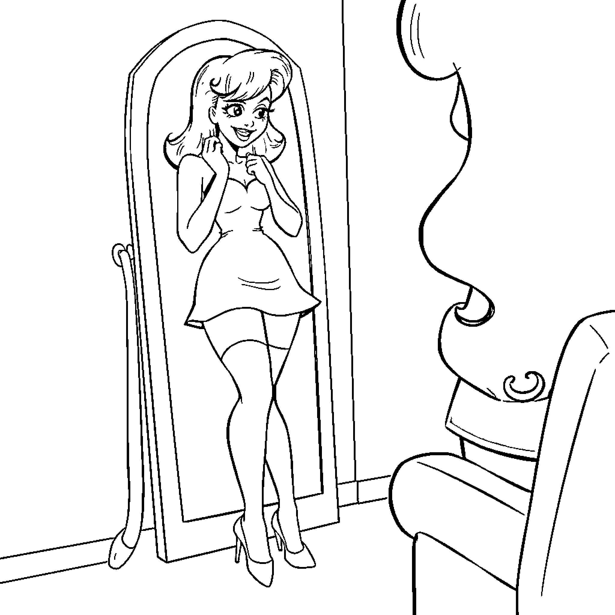 Velma Admiring Her Reflection in the Mirror Coloring Page (free black-and-white line drawing printable PDF for all, from beginners to advanced learners, including children, teens, adults, and seniors)