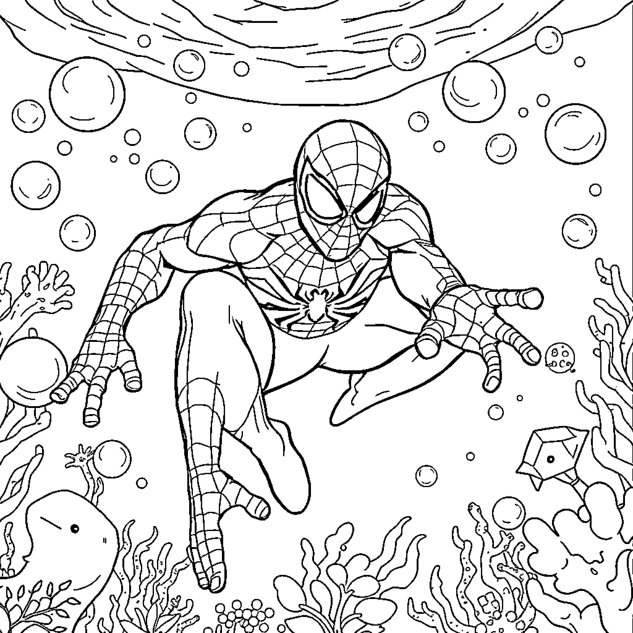 Spiderman swimming underwater with marine creatures Coloring Page (free black-and-white line drawing printable PDF for all, from beginners to advanced learners, including children, teens, adults, and seniors)