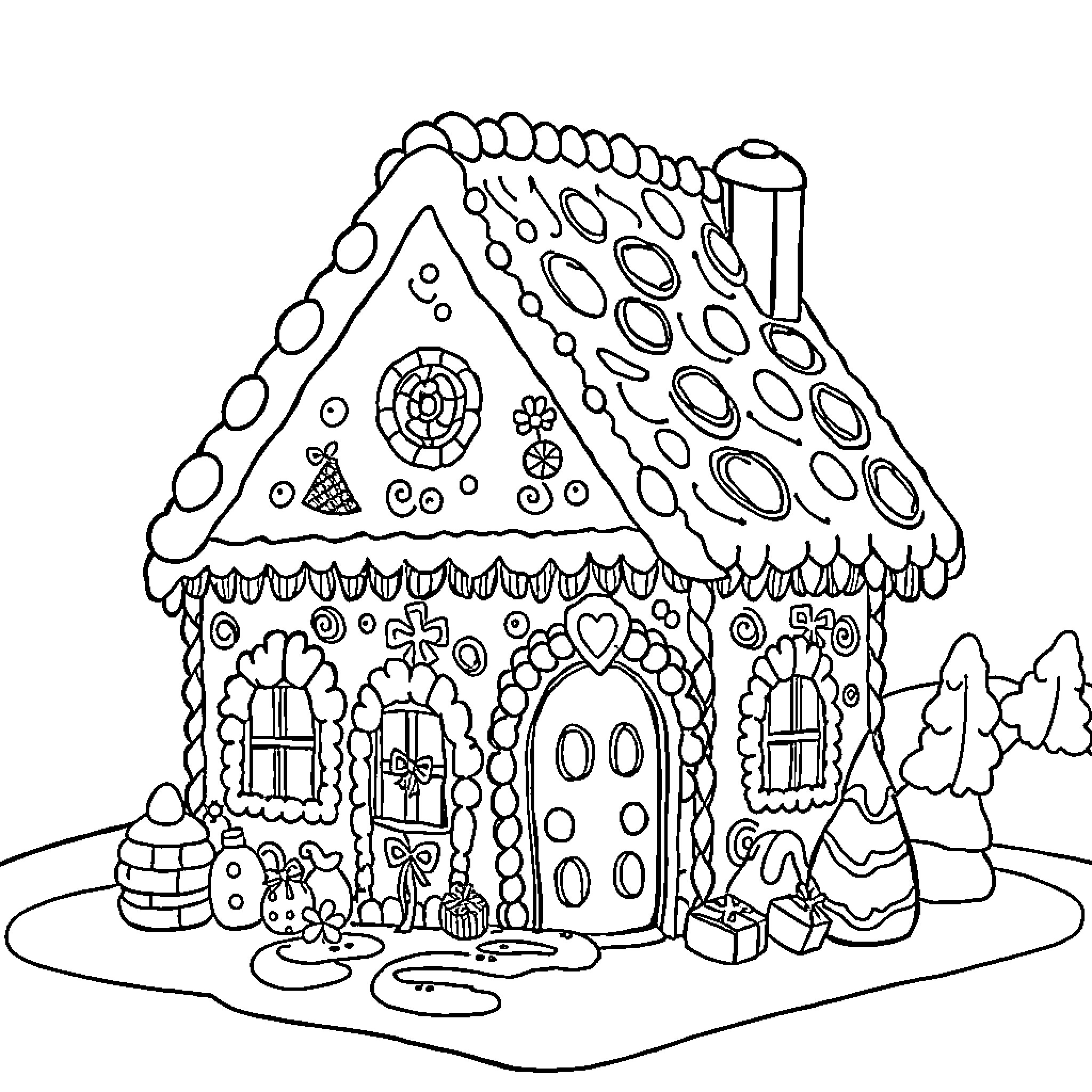 Gingerbread House with Festive Decorations and Toys Coloring Page (free black-and-white line drawing printable PDF for all, from beginners to advanced learners, including children, teens, adults, and seniors)