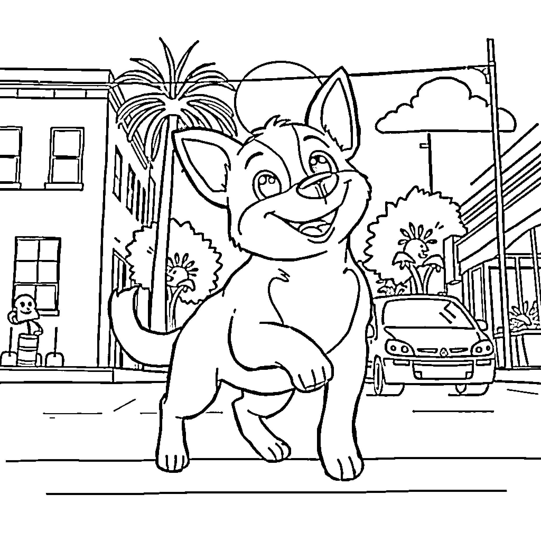 Bluey playing joyfully in the city street Coloring Page (free black-and-white line drawing printable PDF for all, from beginners to advanced learners, including children, teens, adults, and seniors)