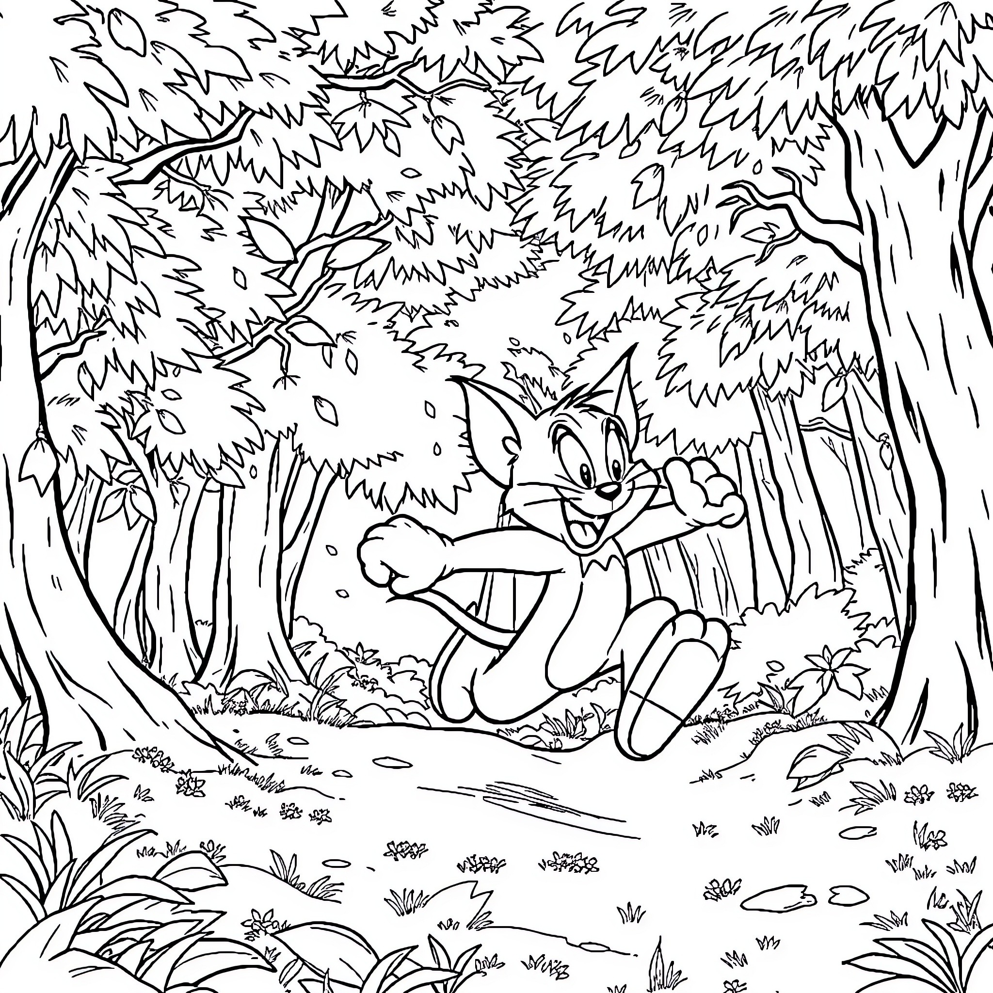 Tom y Jerry: Chasing in the Enchanted Forest Coloring Page (free black-and-white line drawing printable PDF for all, from beginners to advanced learners, including children, teens, adults, and seniors)