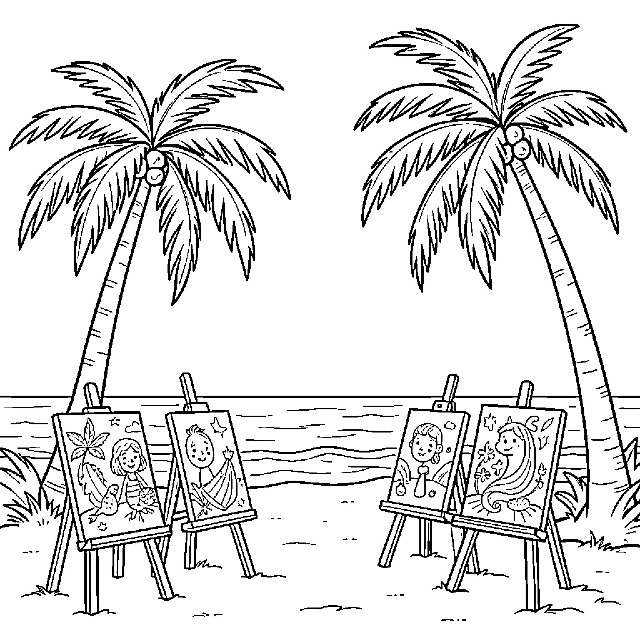 Palm Tree Painting Workshop on the Beach Coloring Page (free black-and-white line drawing printable PDF for all, from beginners to advanced learners, including children, teens, adults, and seniors)