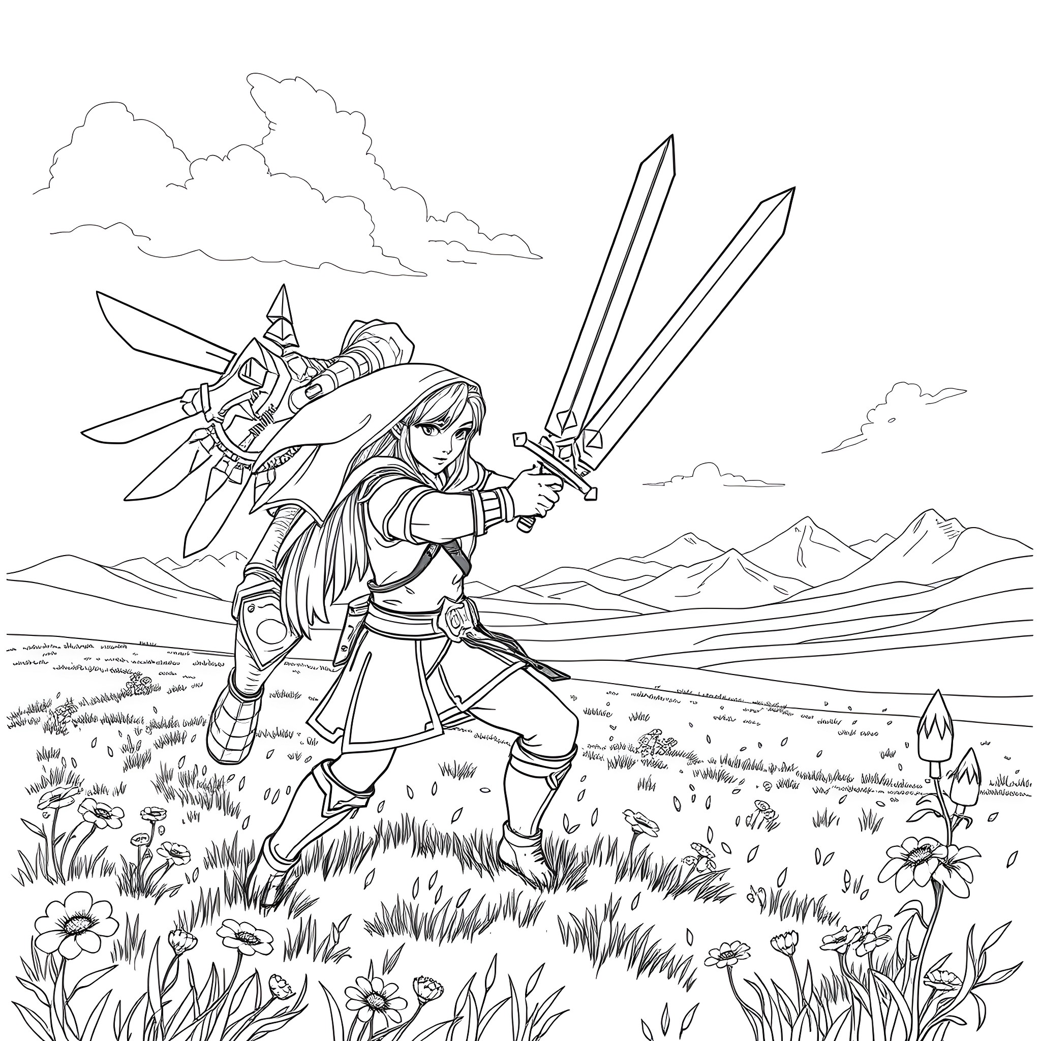 Zelda Warrior Wielding Swords in Meadow Coloring Page (free black-and-white line drawing printable PDF for all, from beginners to advanced learners, including children, teens, adults, and seniors)