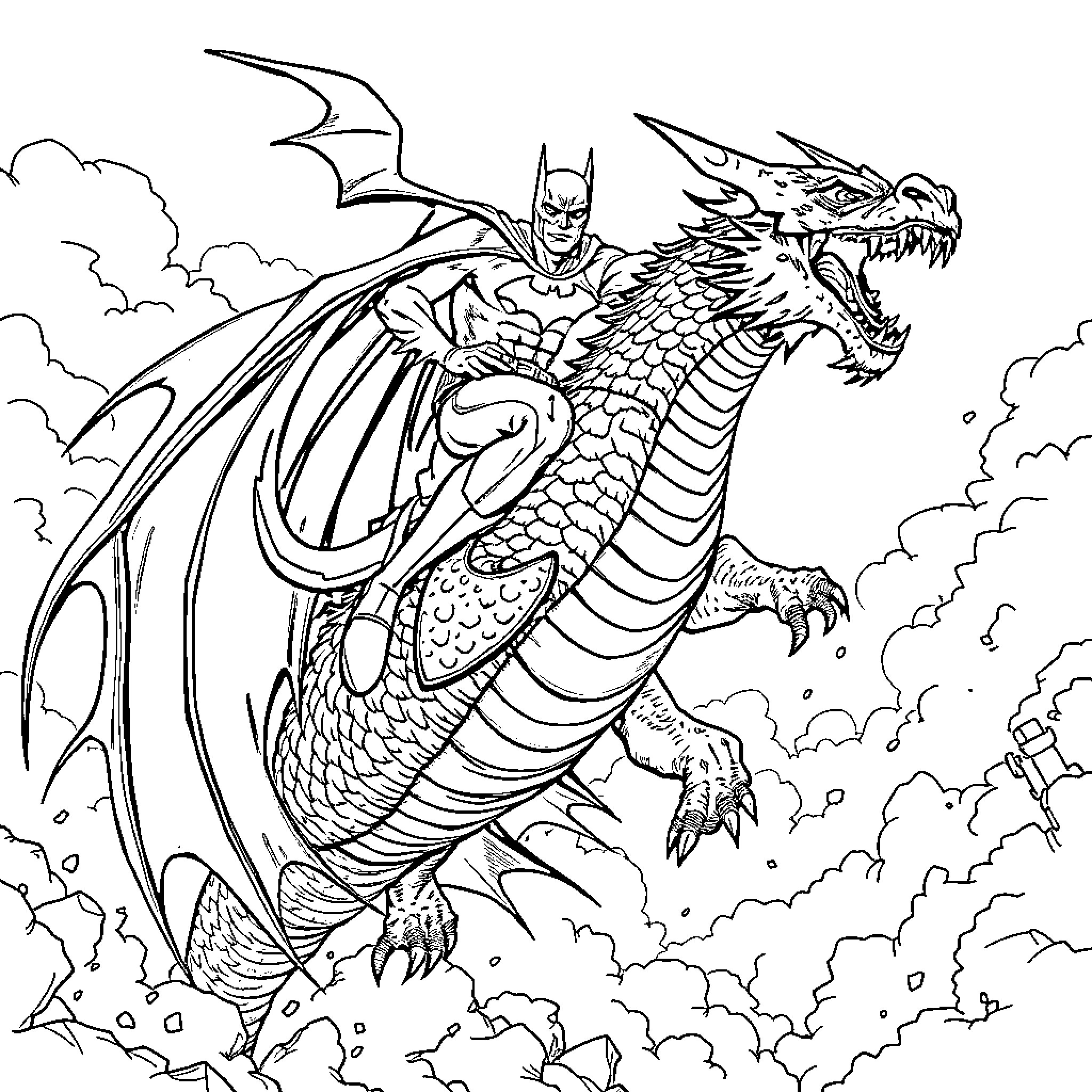 Dragon warrior riding a fierce dragon Coloring Page (free black-and-white line drawing printable PDF for all, from beginners to advanced learners, including children, teens, adults, and seniors)