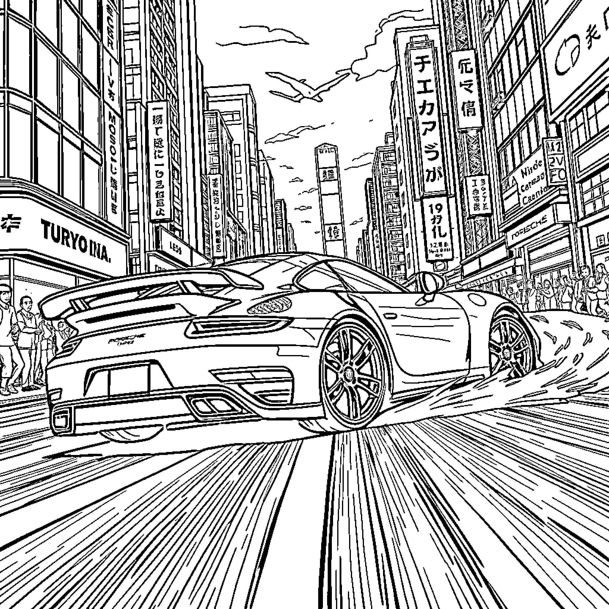 Porsche speeding through bustling city streets Coloring Page (free black-and-white line drawing printable PDF for all, from beginners to advanced learners, including children, teens, adults, and seniors)