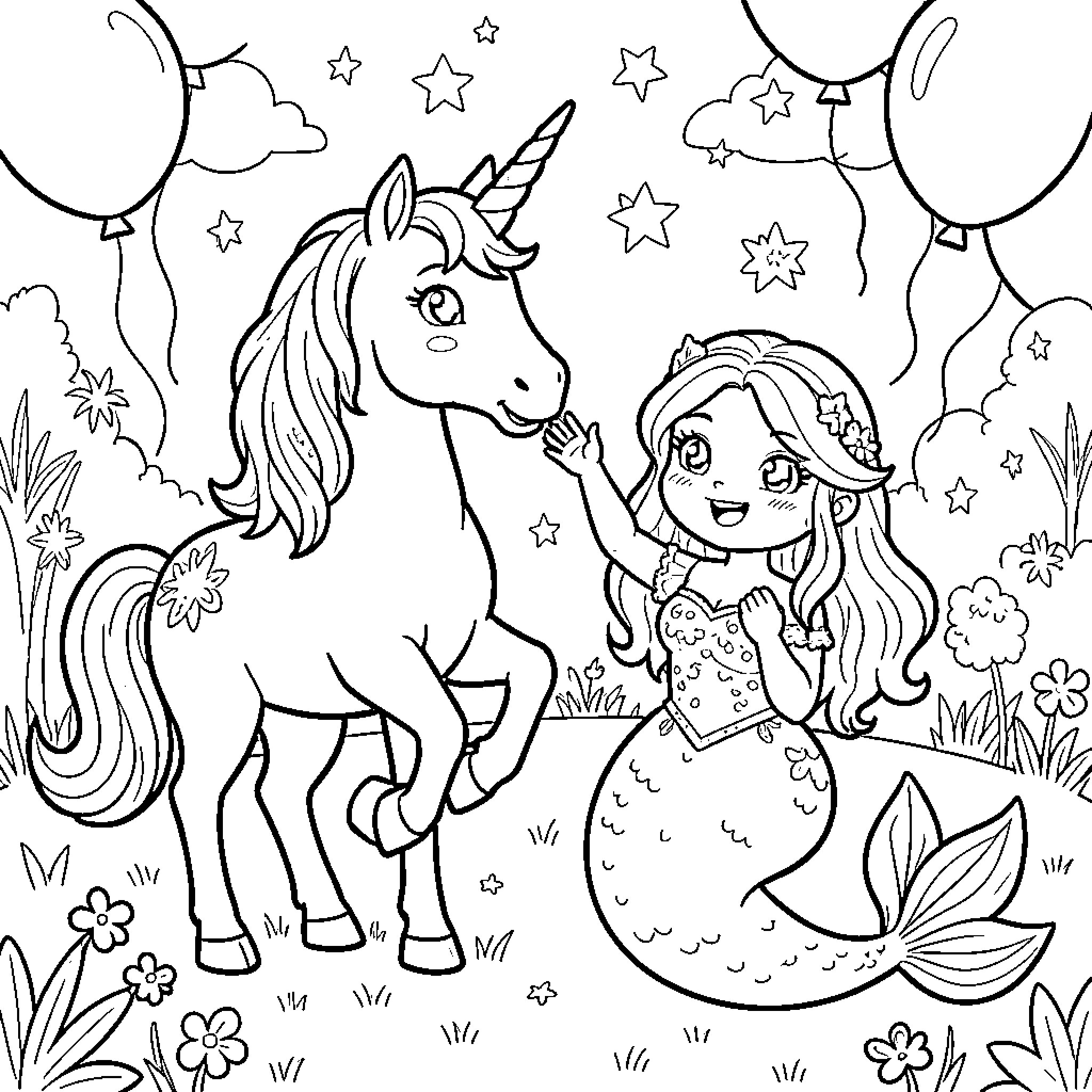 Unicorn interacting gently with a mermaid in nature Coloring Page (free black-and-white line drawing printable PDF for all, from beginners to advanced learners, including children, teens, adults, and seniors)