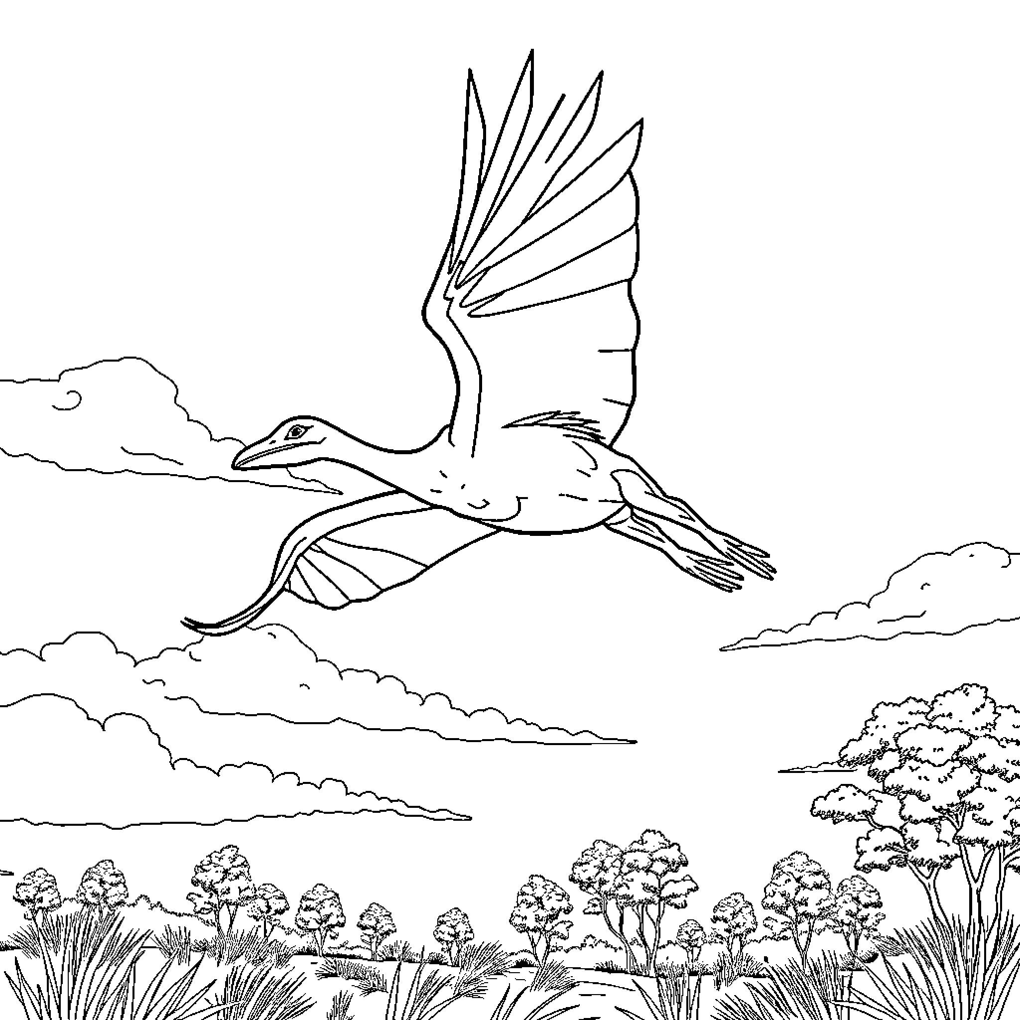 Pterodactyl soaring gracefully over the forest landscape Coloring Page (free black-and-white line drawing printable PDF for all, from beginners to advanced learners, including children, teens, adults, and seniors)